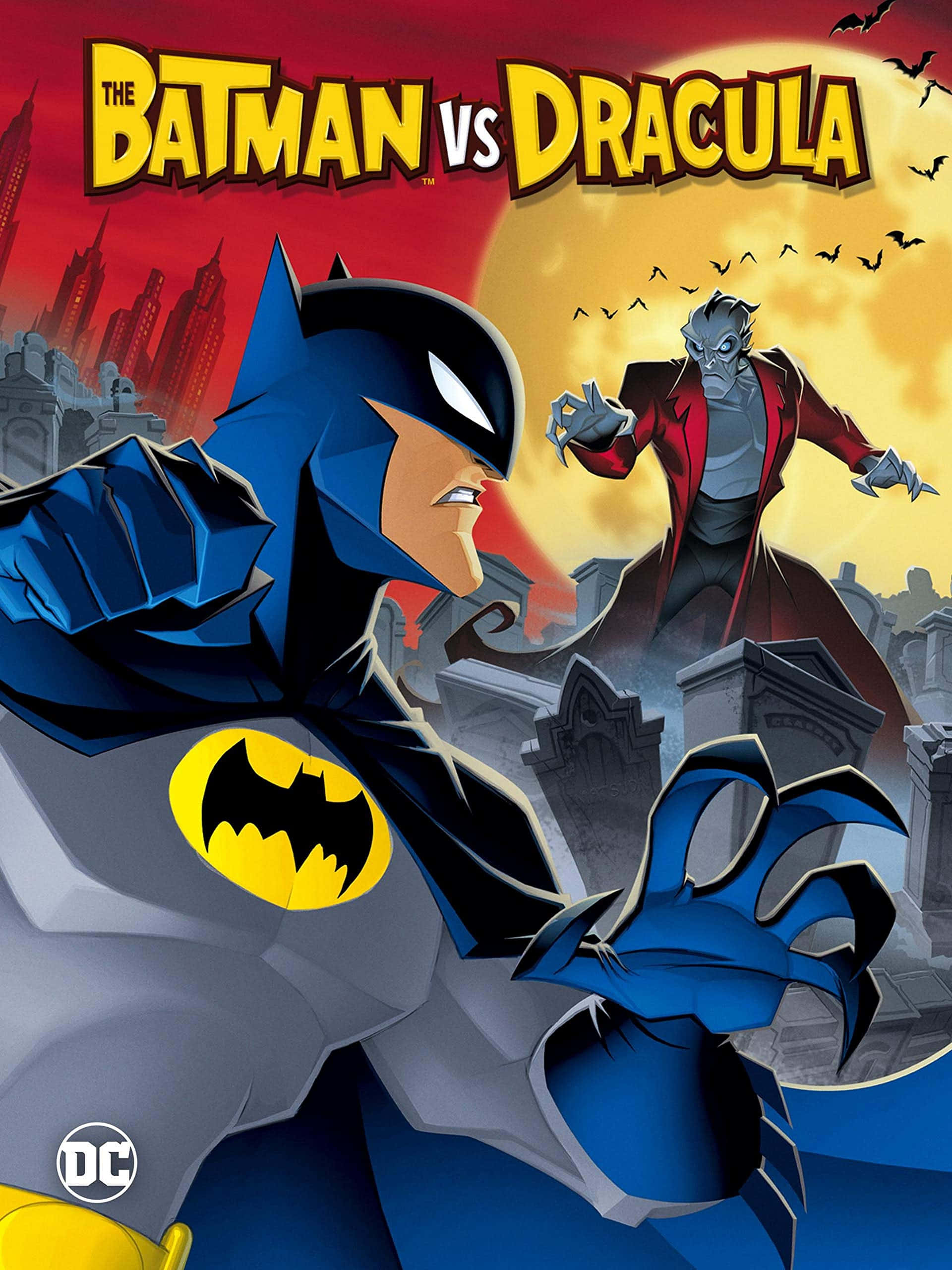 The Batman Vs Dracula 桌布 壁紙 — 蝙蝠俠與德古拉在熾熱的夕陽下，於哥德式城市景觀上空進行一場戲劇性的動畫對決。