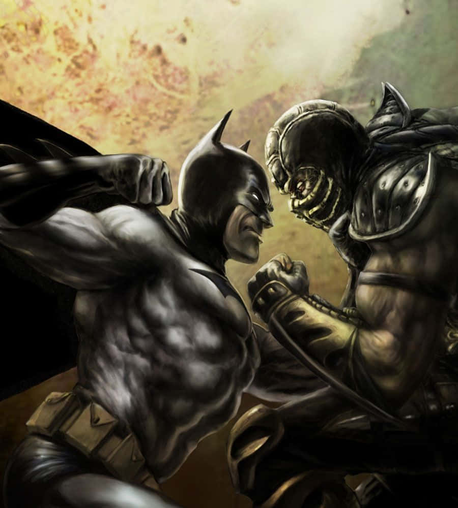 Mortal Kombat Vs Dc Universe 桌布 壁紙 — 蝙蝠俠與班恩在火焰煙霧背景下，以激烈表情和動態姿勢進行殘酷的近身搏鬥。