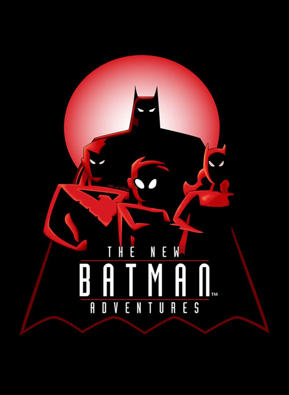 Batman Animated Adventures 桌布 壁紙 — 蝙蝠俠與盟友的剪影站在發光的紅月前，以鮮明的紅黑風格化動畫呈現。
