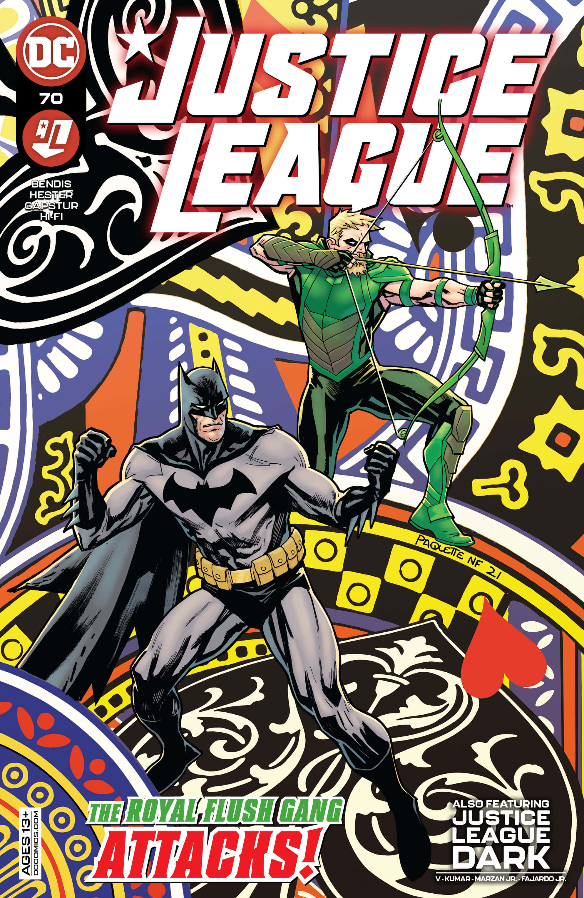 The Justice League Dark 桌布 壁紙 — 蝙蝠俠與綠箭俠在充滿活力的漫畫封面上以大膽圖案和動感姿勢準備就緒。