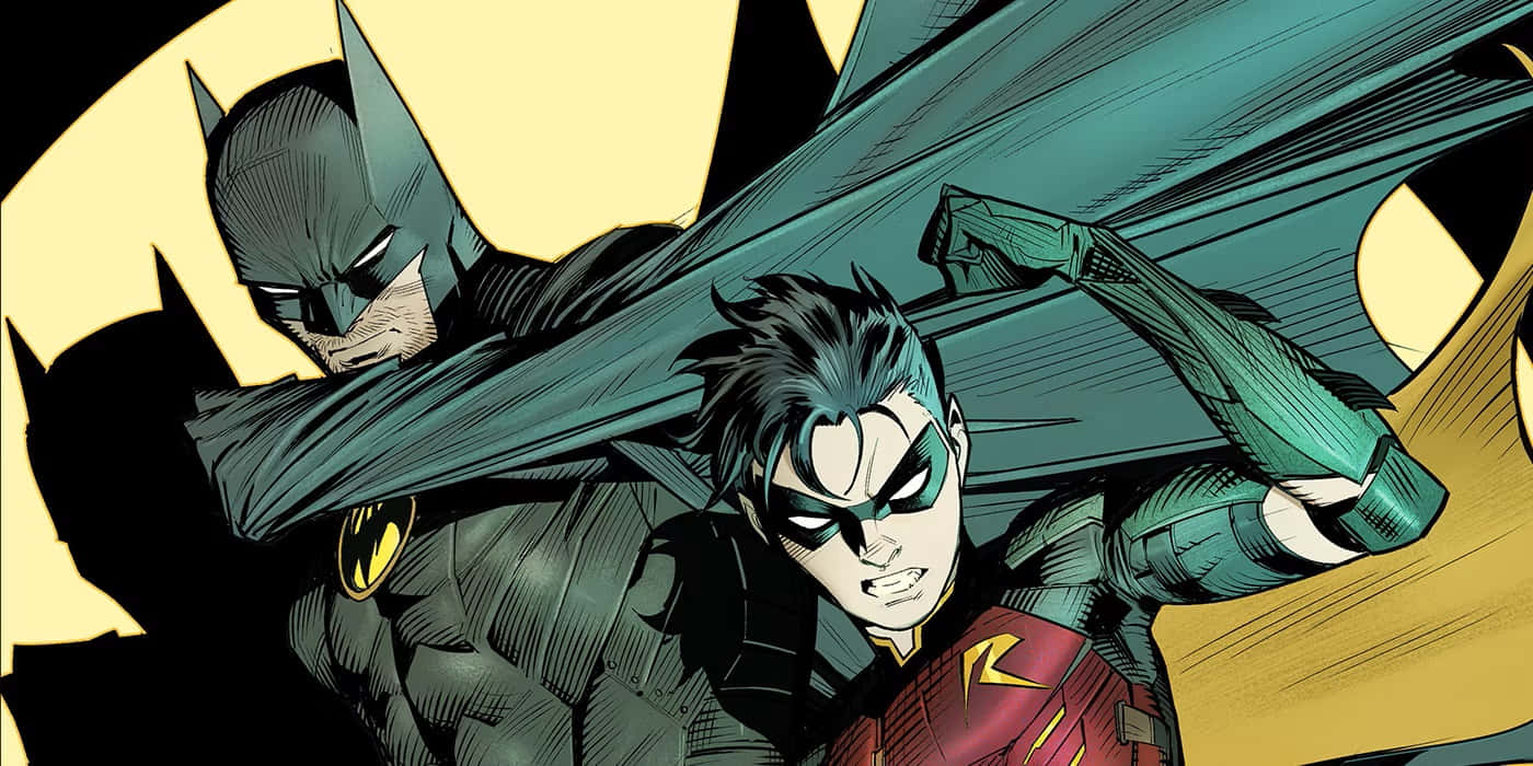 Batman Vs Robin 桌布 壁紙 — 蝙蝠俠與羅賓以動感漫畫姿勢，披風飄揚，襯托黃色背景。