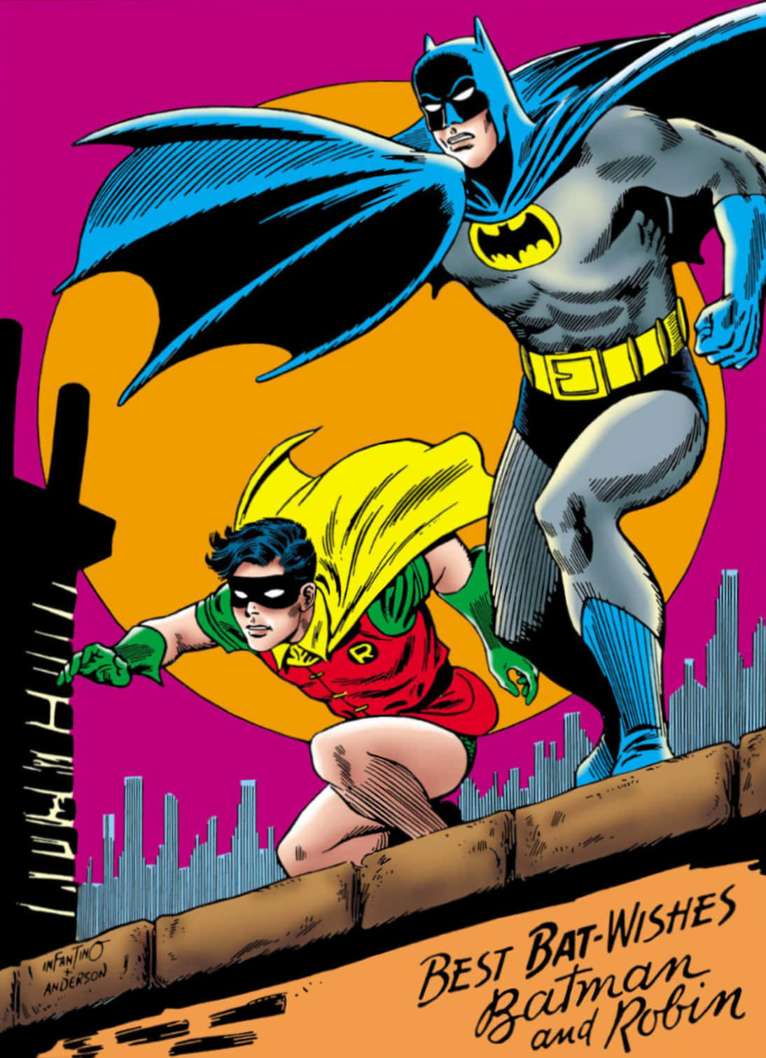 Batman And Robin 桌布 壁紙 — 蝙蝠俠與羅賓在充滿活力的洋紅色與橙色城市景觀背景下動態跳躍。