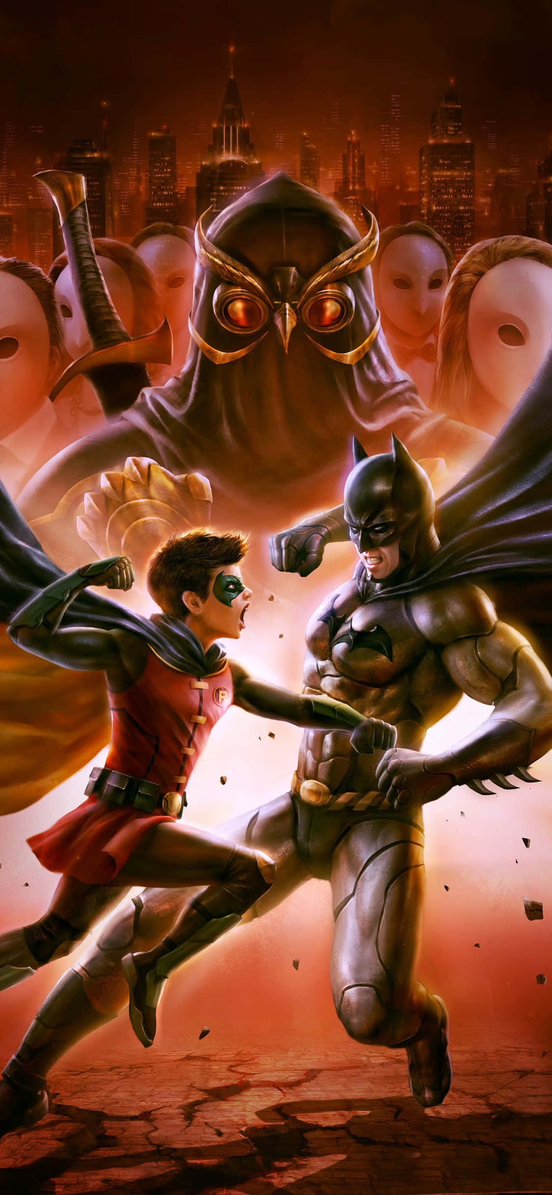 Batman Vs Robin 桌布 壁紙 — 蝙蝠俠與羅賓在夜晚燃燒的城市天際線背景下與巨型貓頭鷹反派戰鬥。