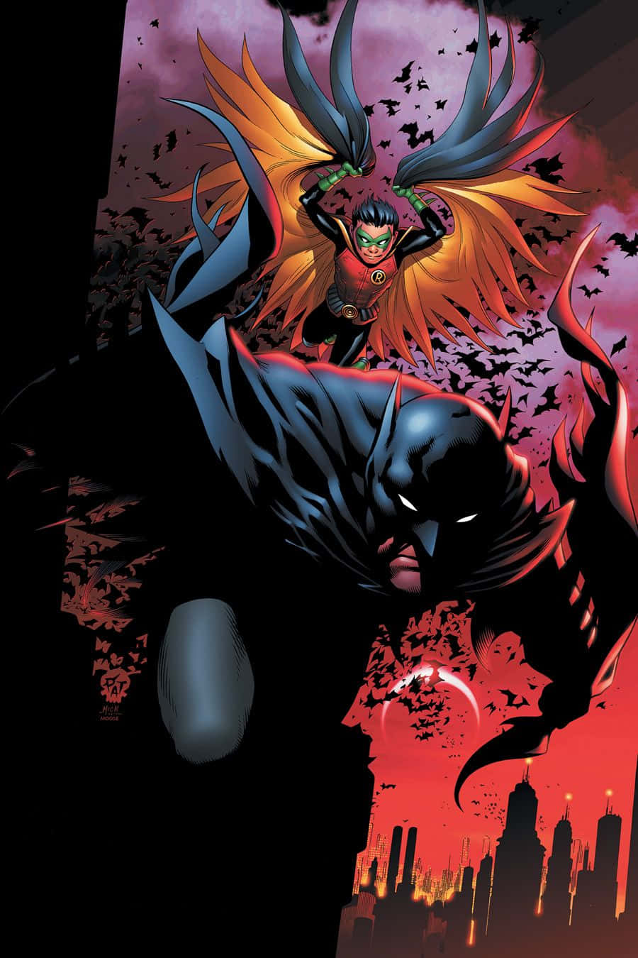 Batman Vs Robin 桌布 壁紙 — 蝙蝠俠與羅賓在火海般的城市景觀上空翱翔，蝙蝠在暮色天空下成群飛舞。
