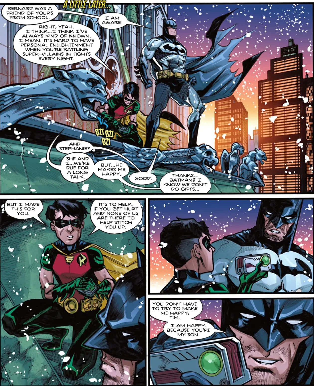 Tim Drake 桌布 壁紙 — 蝙蝠俠與羅賓在積雪的葛咸城屋頂上，在暮色天空下，城市燈光在下方閃爍，分享一個溫馨的時刻。