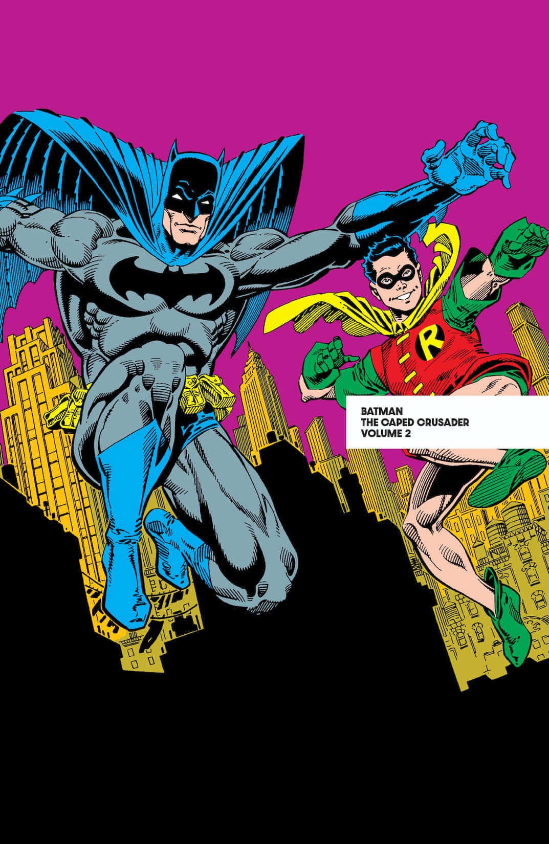 The Caped Crusader 桌布 壁紙 — 蝙蝠俠與羅賓在經典漫畫藝術中，以動態姿態飛翔於風格化的黃色城市景觀之上，背景是鮮豔的洋紅色天空。