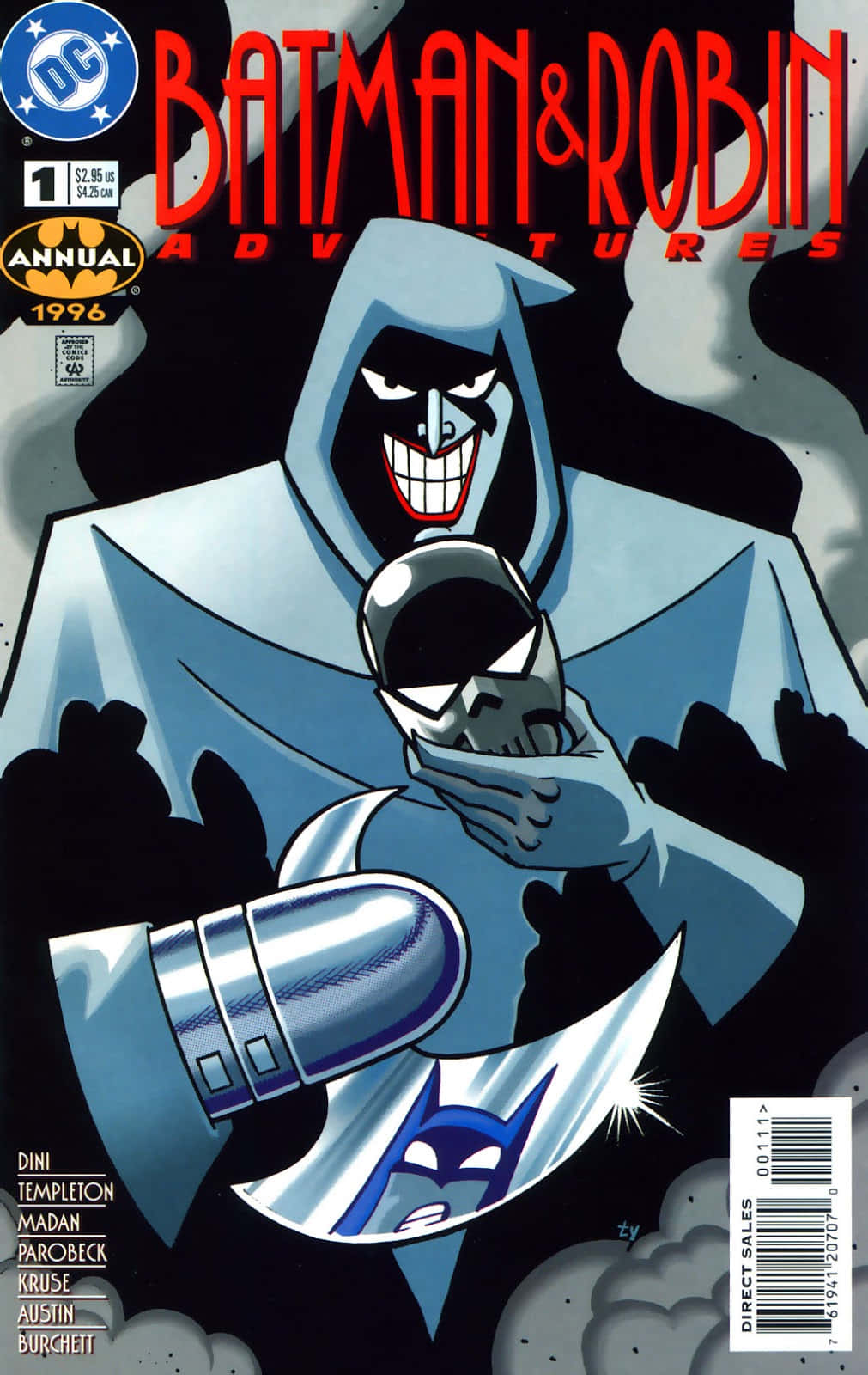Batman Mask Of The Phantasm 桌布 壁紙 — 蝙蝠俠與羅賓漫畫封面，一個戴藍色兜帽的威脅人物在黑暗煙霧背景中手持骷髏面具。