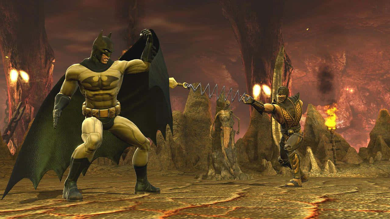 Mortal Kombat Vs Dc Universe 桌布 壁紙 — 蝙蝠俠與蠍子在一個有熔岩流和發光火把的熾熱洞穴中交鋒。