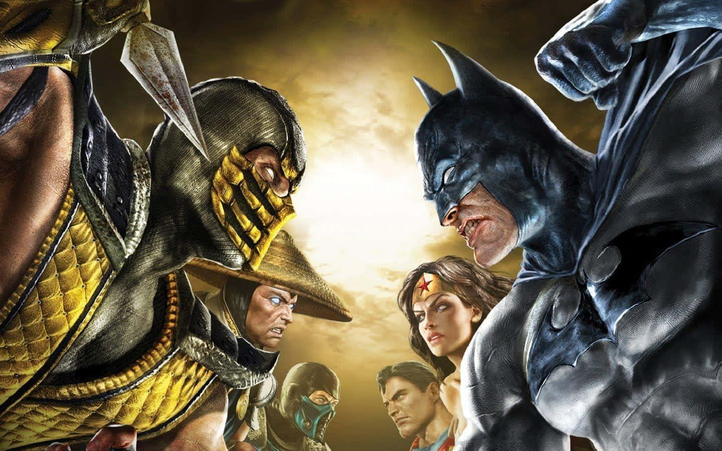 Mortal Kombat Vs Dc Universe 桌布 壁紙 — 蝙蝠俠與蠍子在一場戲劇性的電影對決中對峙，背景中有神奇女俠及其他英雄。