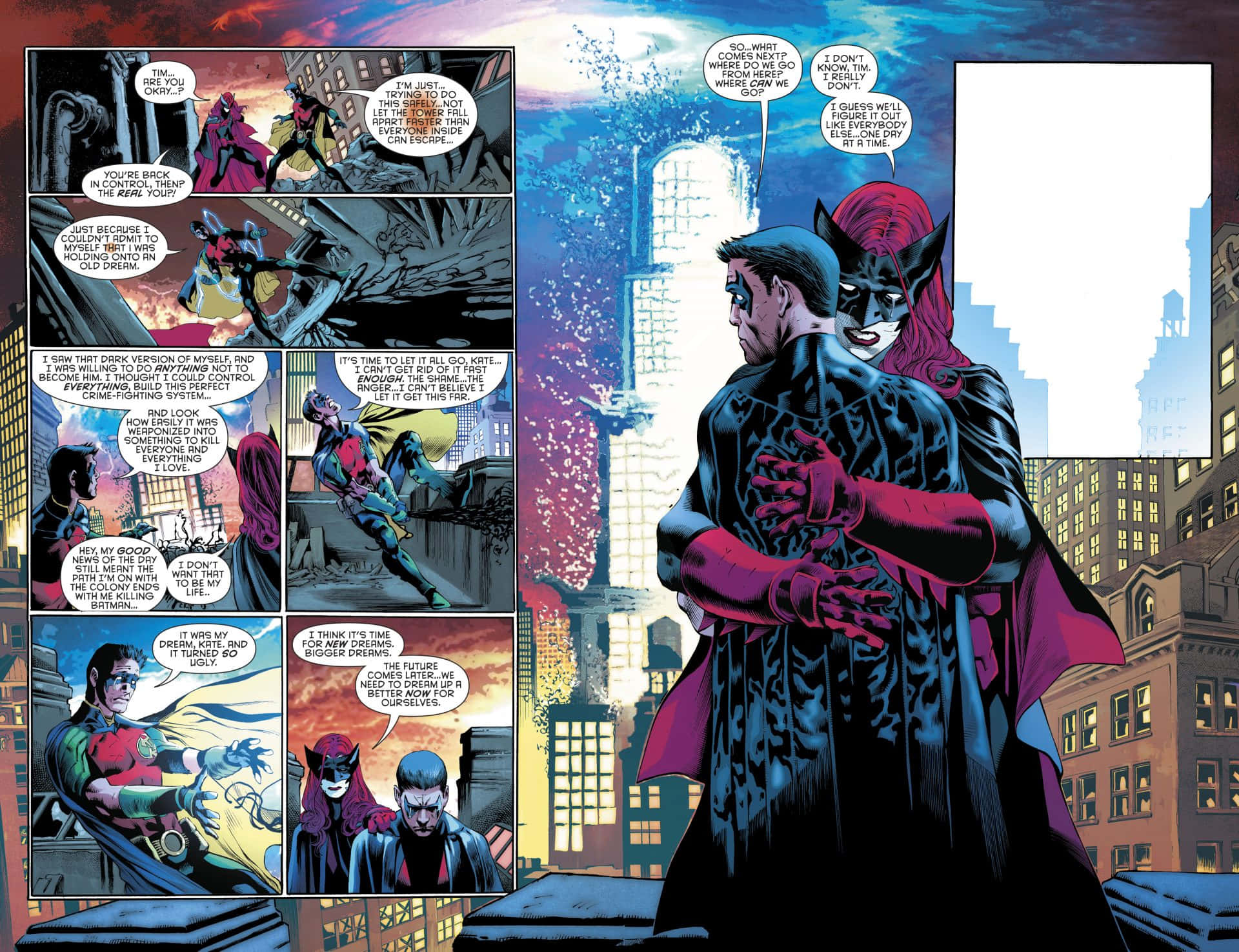 Tim Drake 桌布 壁紙 — 蝙蝠俠與貓女在閃爍的城市天際線背景下擁抱，漫畫格描繪了他們的情感背景故事。