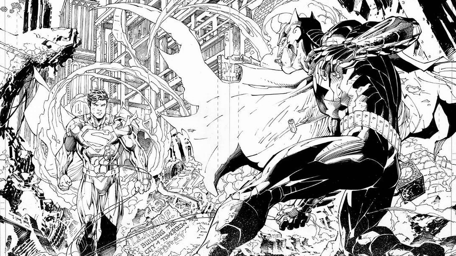 Black And White Comic 桌布 壁紙 — 蝙蝠俠與超人在崩塌的城市廢墟中，於一個動態的黑白漫畫格中交鋒。