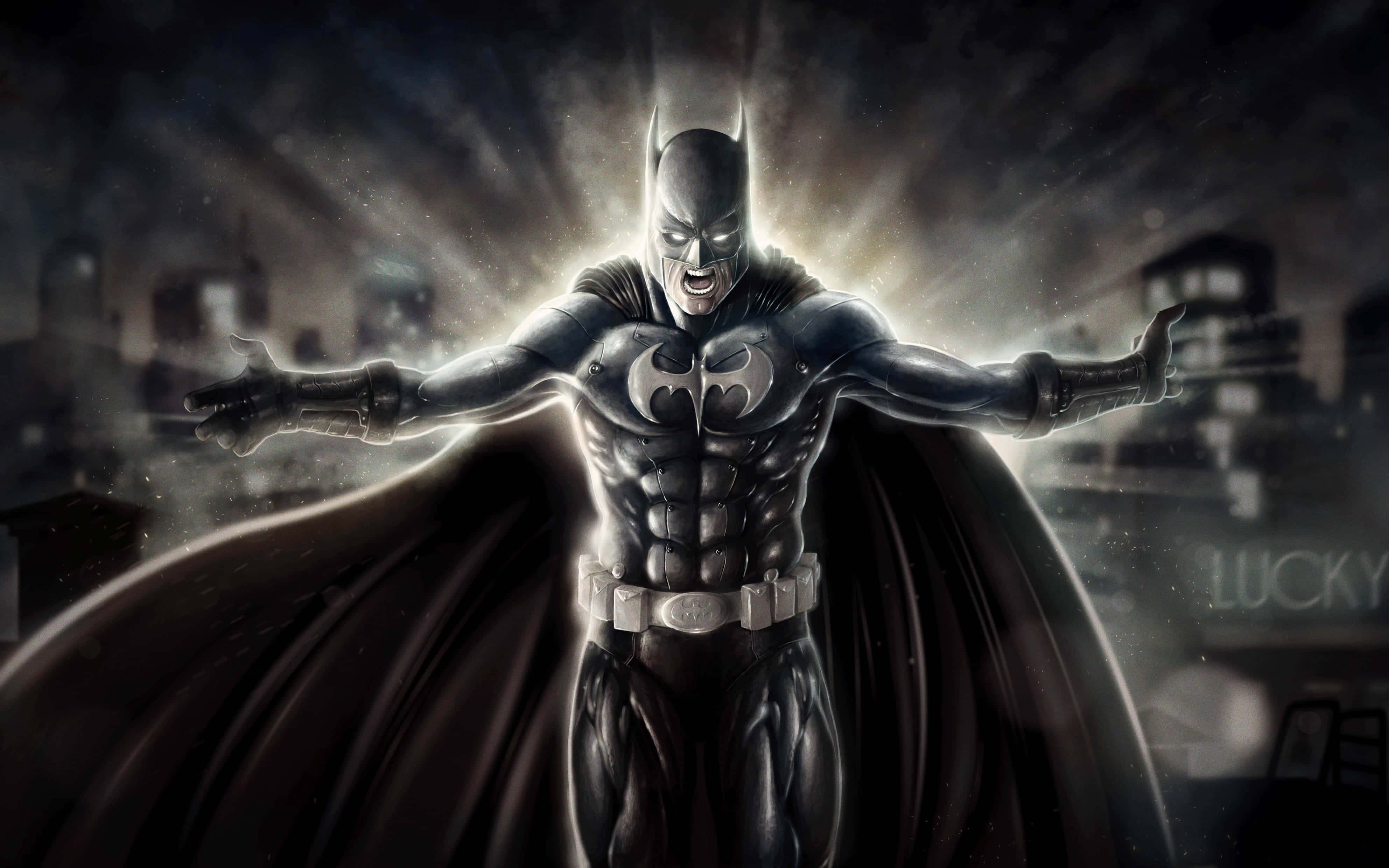 Batman Desktop 桌布 壁紙 — 蝙蝠俠英雄地張開雙臂，背對黑暗的城市天際線，光芒從他身後照射出來。