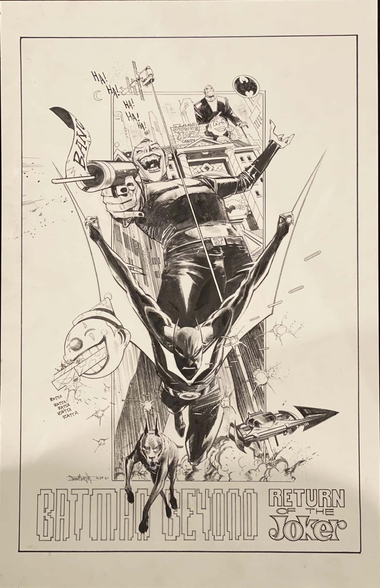 Batman Beyond Return Of The Joker 桌布 壁紙 — 蝙蝠俠超越在混亂的城市景觀中動態跳躍，而小丑在他身後的屋頂上瘋狂大笑。