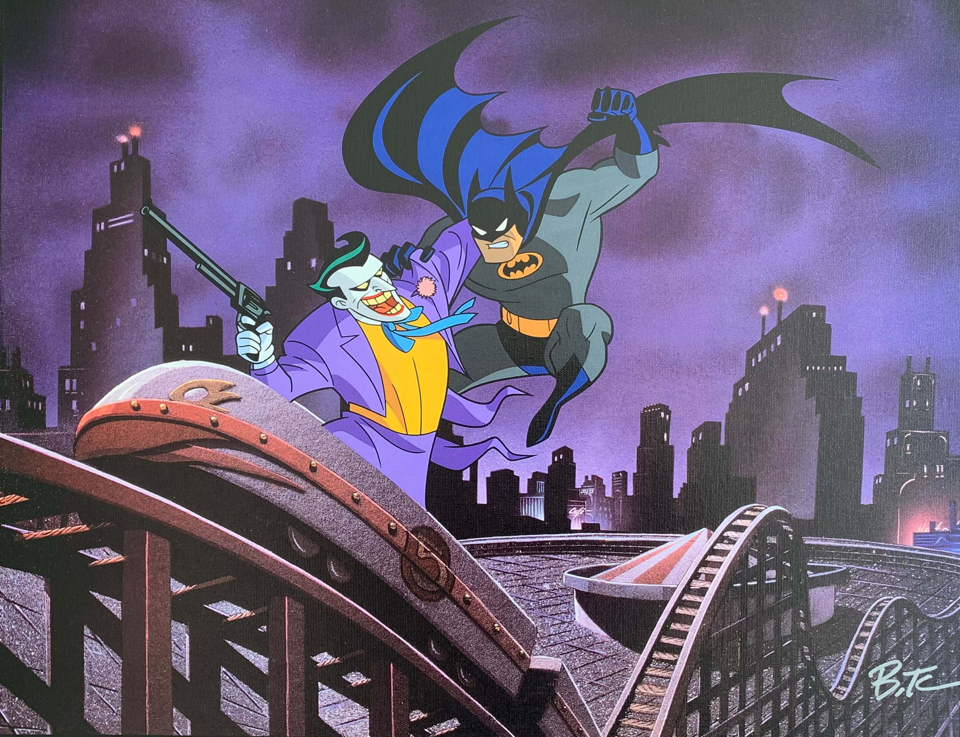 Batman Death In The Family 桌布 壁紙 — 蝙蝠俠跳向小丑，小丑在葛咸城的夜晚從過山車頂部瞄準槍支。