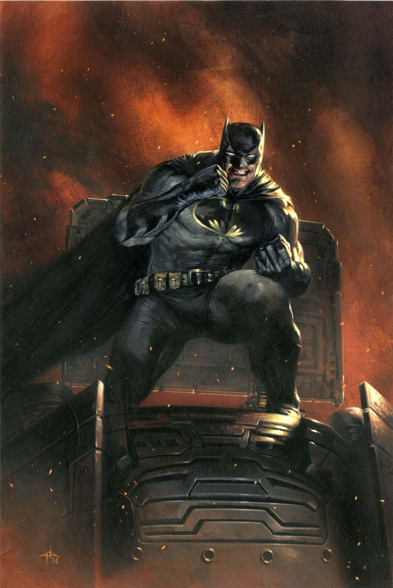 Batman The Dark Knight Returns 桌布 壁紙 — 蝙蝠俠蹲在一輛裝甲車上，背景是火紅橙黑相間的天空，火花四濺。