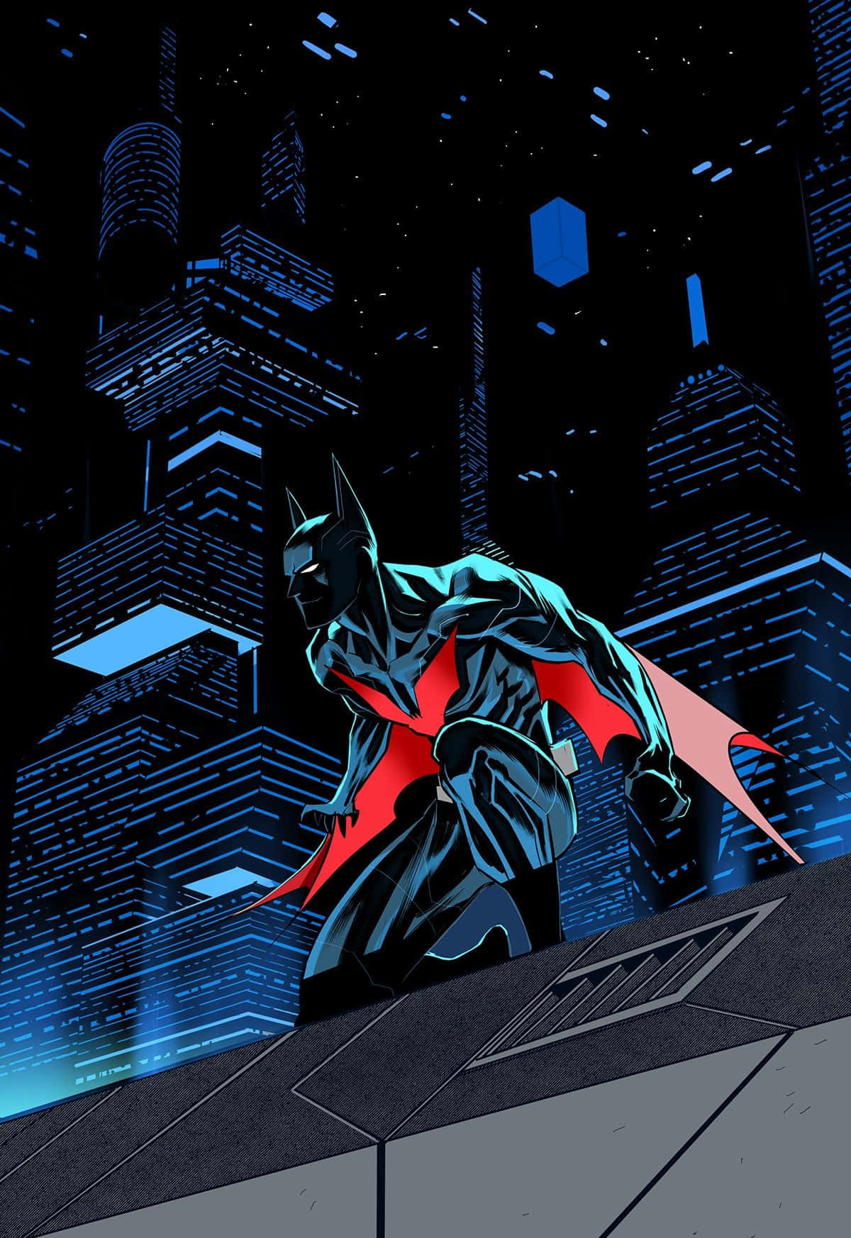 Batman The New 52 桌布 壁紙 — 蝙蝠俠蹲在屋頂上，背景是霓虹藍色的城市景觀，星空燦爛。