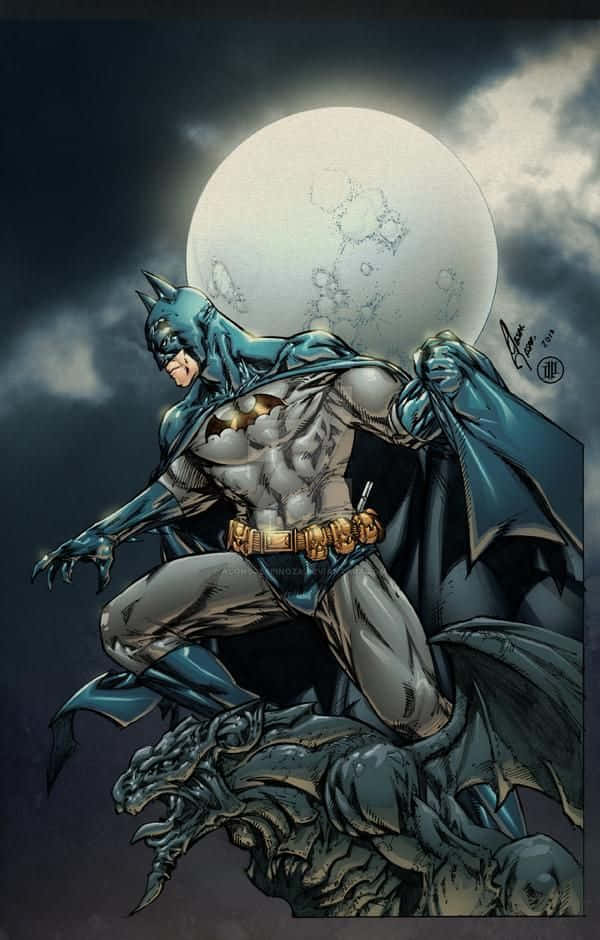 Batman Knightfall 桌布 壁紙 — 蝙蝠俠蹲在石像鬼上，背景是巨大的滿月，營造出戲劇性的夜景。