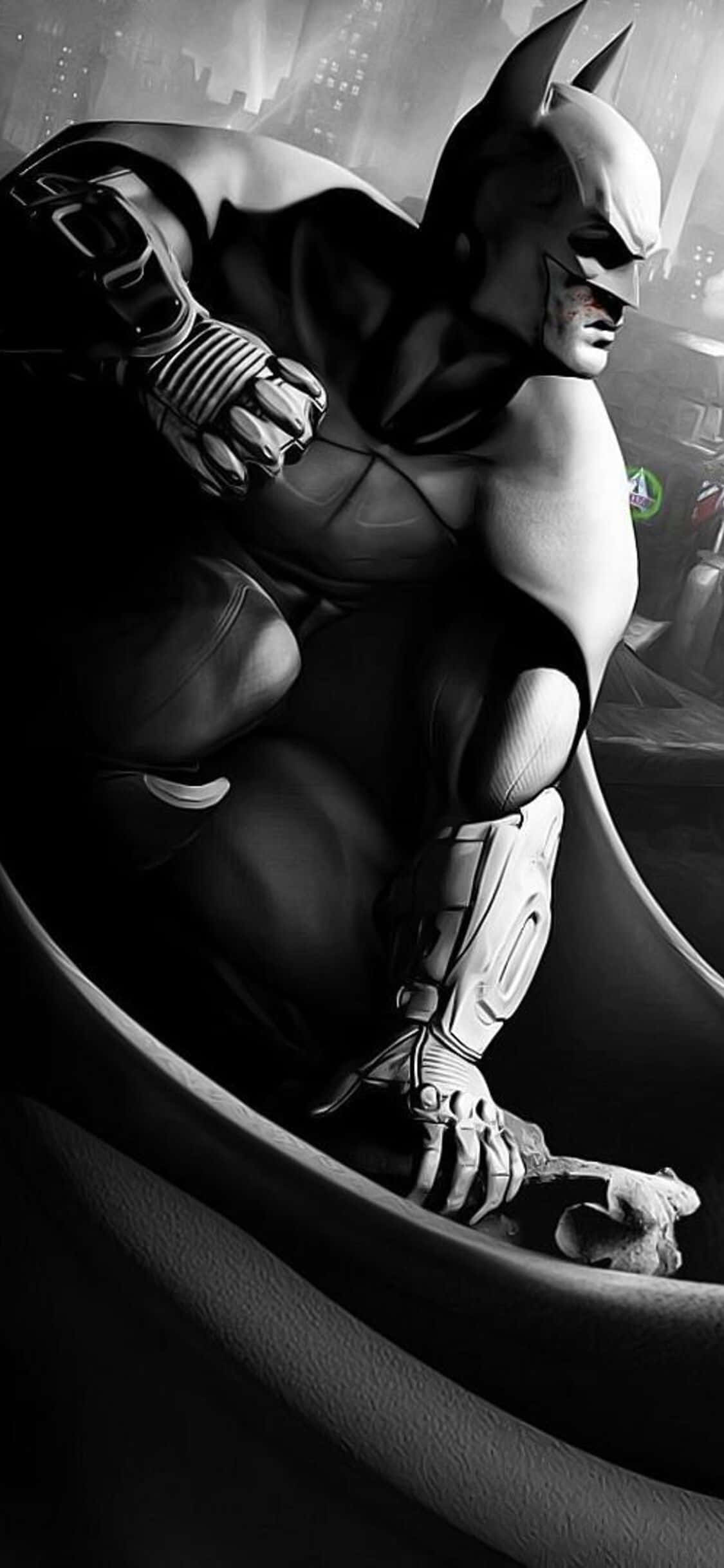Batman Arkham Knight 桌布 壁紙 — 蝙蝠俠蹲在黑暗的雨浸城市景觀中，手持頭骨，構成戲劇性的單色構圖。