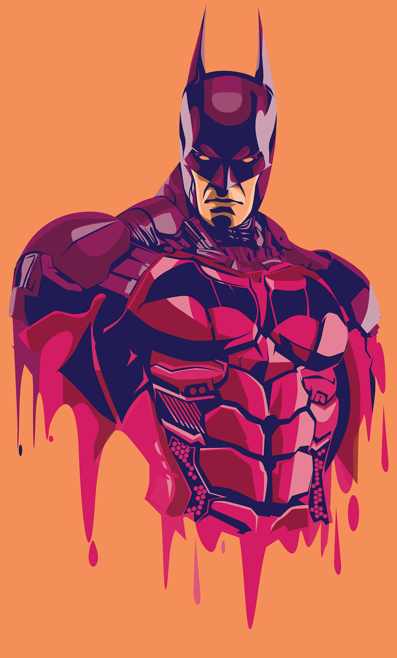 Batman Arkham Knight 桌布 壁紙 — 蝙蝠俠身穿大膽的紅黑套裝，帶有滴落油漆效果，站在純橙色背景前。