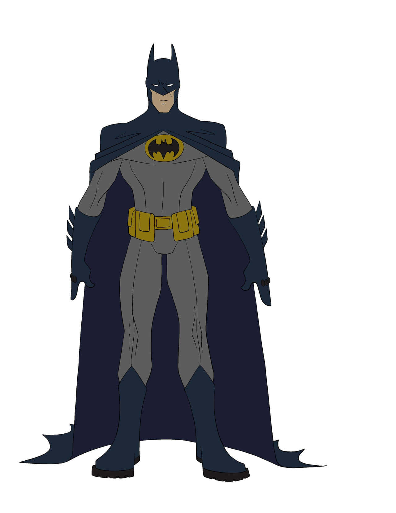 The Caped Crusader 桌布 壁紙 — 蝙蝠俠身穿標誌性深色斗篷和灰色西裝，胸前有黃色蝙蝠標誌，站在純白色背景前，顯得高大威風。