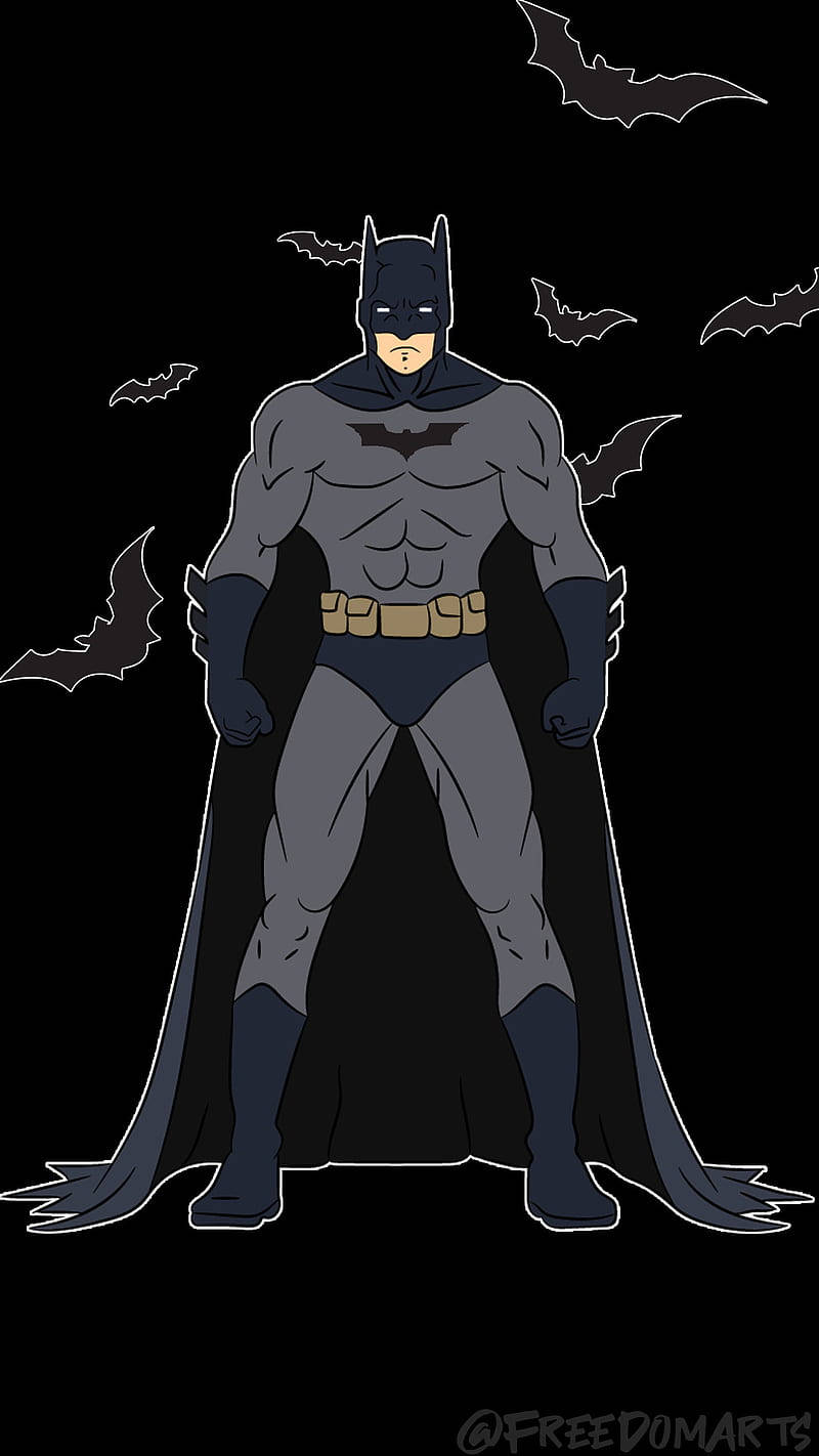 Bats 桌布 壁紙 — 蝙蝠俠身穿標誌性灰色戰衣，披著斗篷和頭罩，在黑色背景前與飛翔的蝙蝠一同屹立。