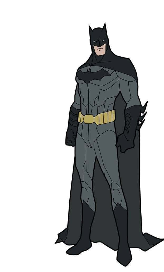 Batman The New 52 桌布 壁紙 — 蝙蝠俠身穿標誌性的深灰色裝甲服，配以黃色腰帶和飄逸的披風，在白色背景前巍然聳立。