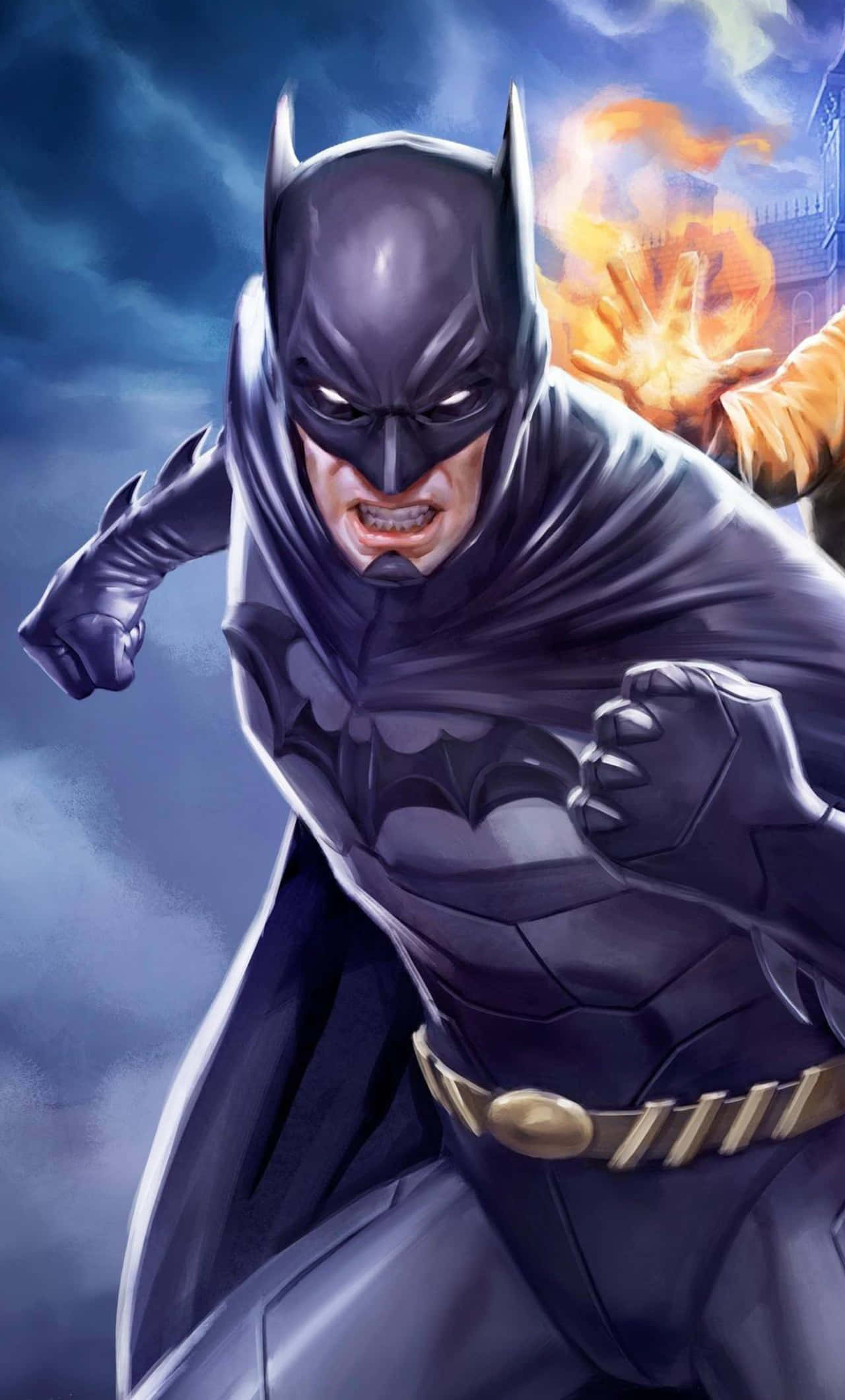 The Justice League Dark 桌布 壁紙 — 蝙蝠俠身穿深色頭罩和披風，握緊拳頭向前衝刺，背後是暴風雨的天空，熾熱的爆炸在他身後爆發。