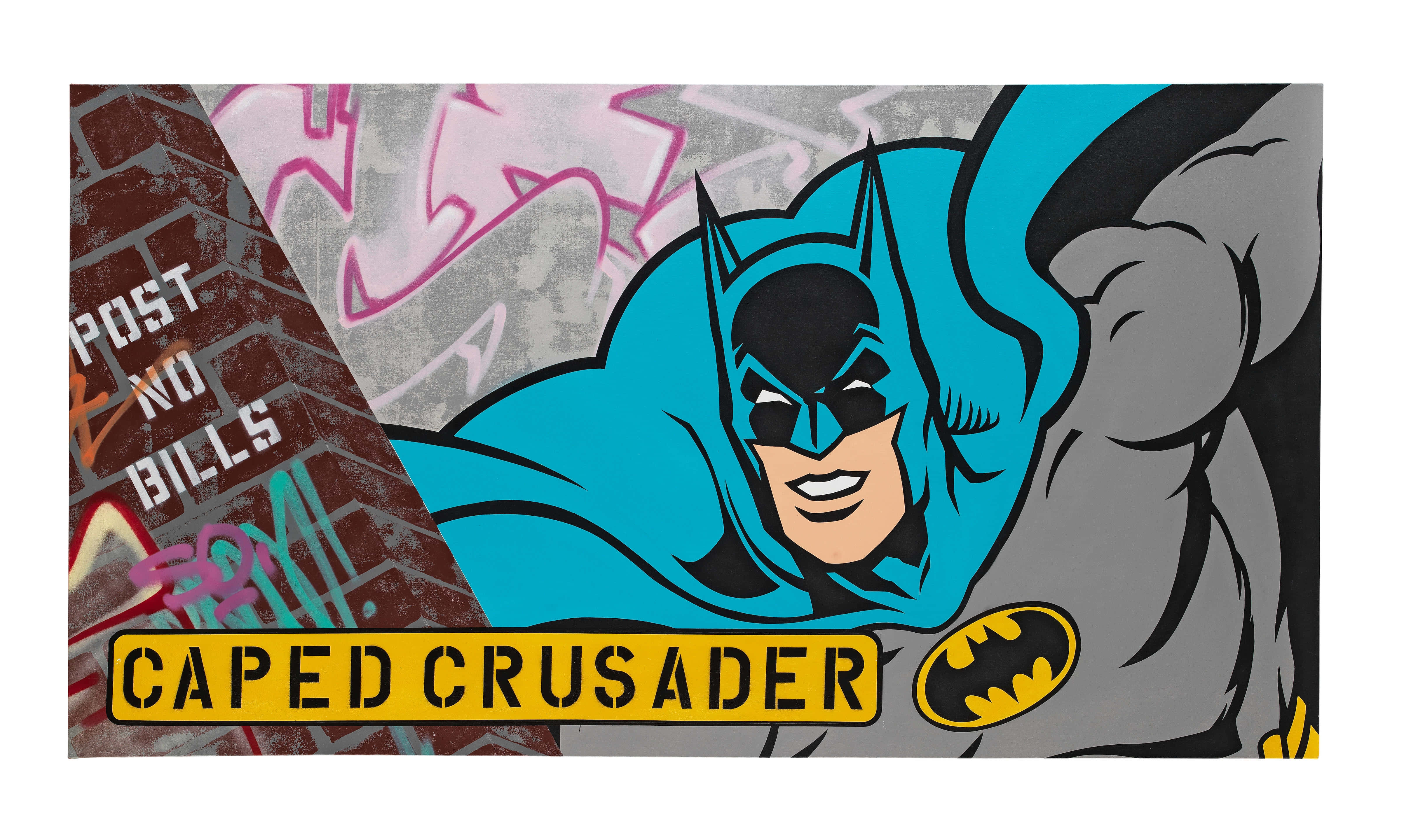 The Caped Crusader 桌布 壁紙 — 蝙蝠俠身穿經典藍灰色戰衣，在佈滿塗鴉的磚牆前自信微笑，牆上有『Caped Crusader』標誌。