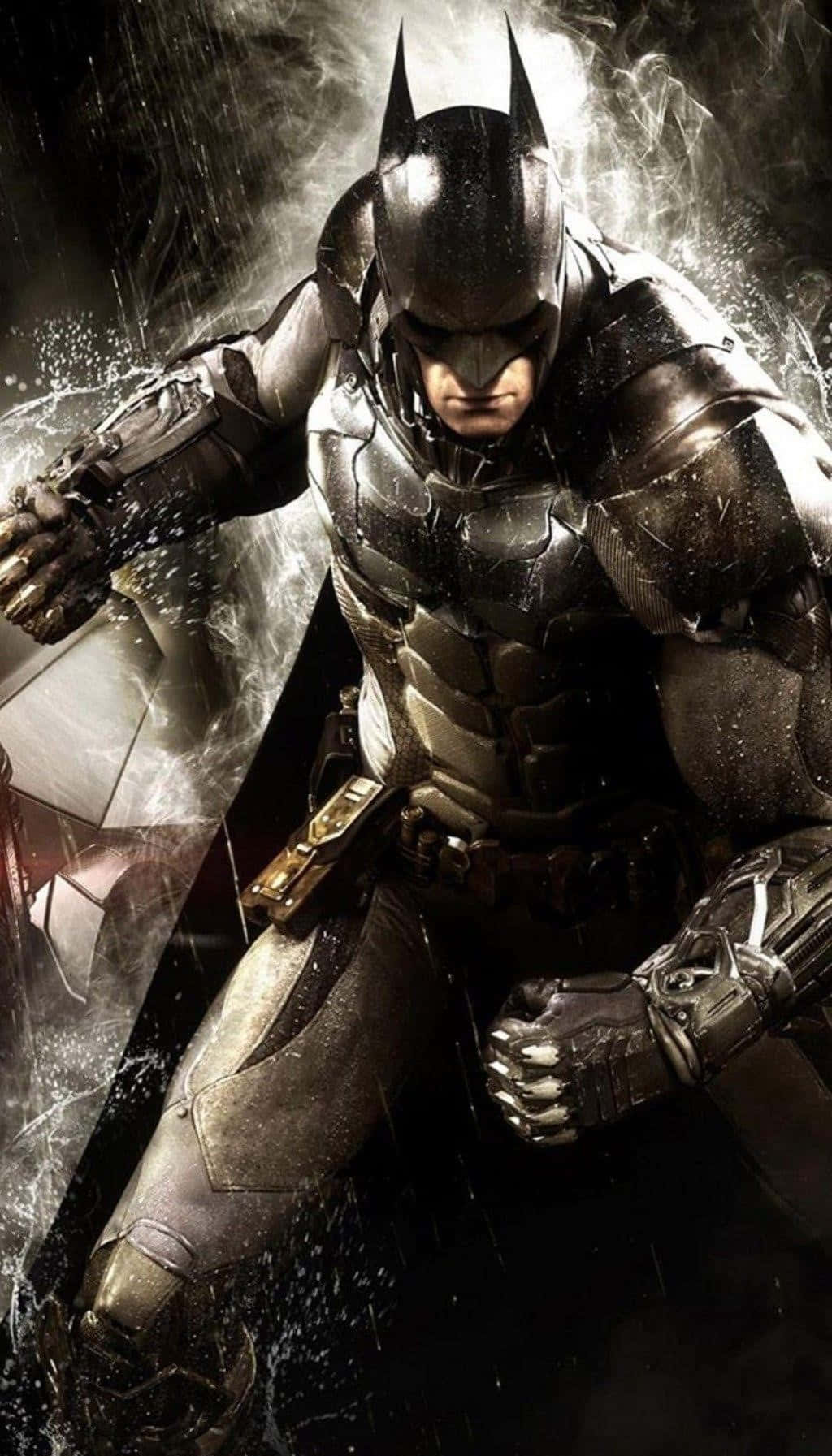 Batman Arkham Knight 桌布 壁紙 — 蝙蝠俠身穿裝甲服，在雨中挑釁地站立，水花在他強勢姿態周圍飛濺。