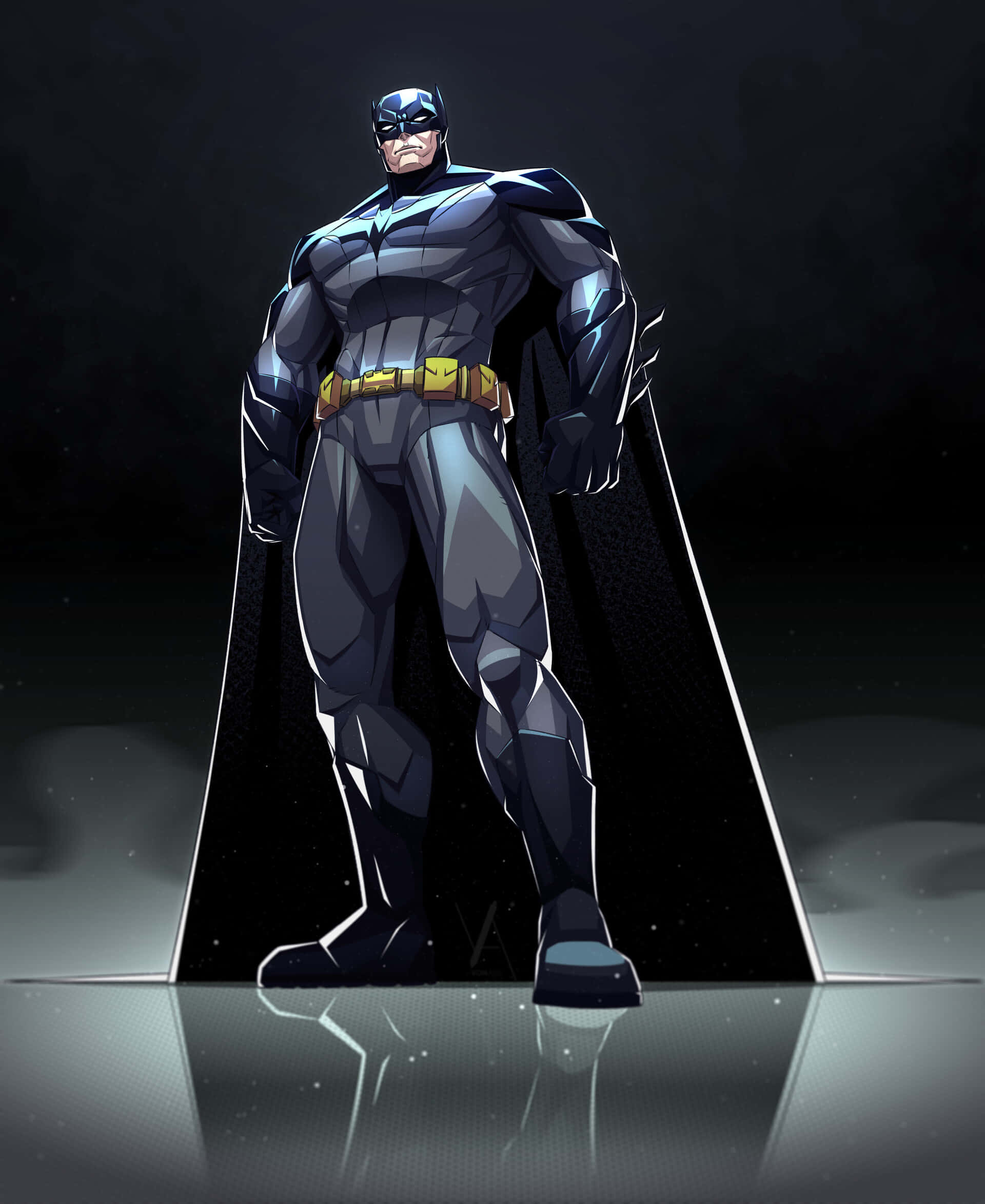 The Caped Crusader 桌布 壁紙 — 蝙蝠俠身穿裝甲服，披風飄揚，在黑暗迷霧的背景中高高站立。