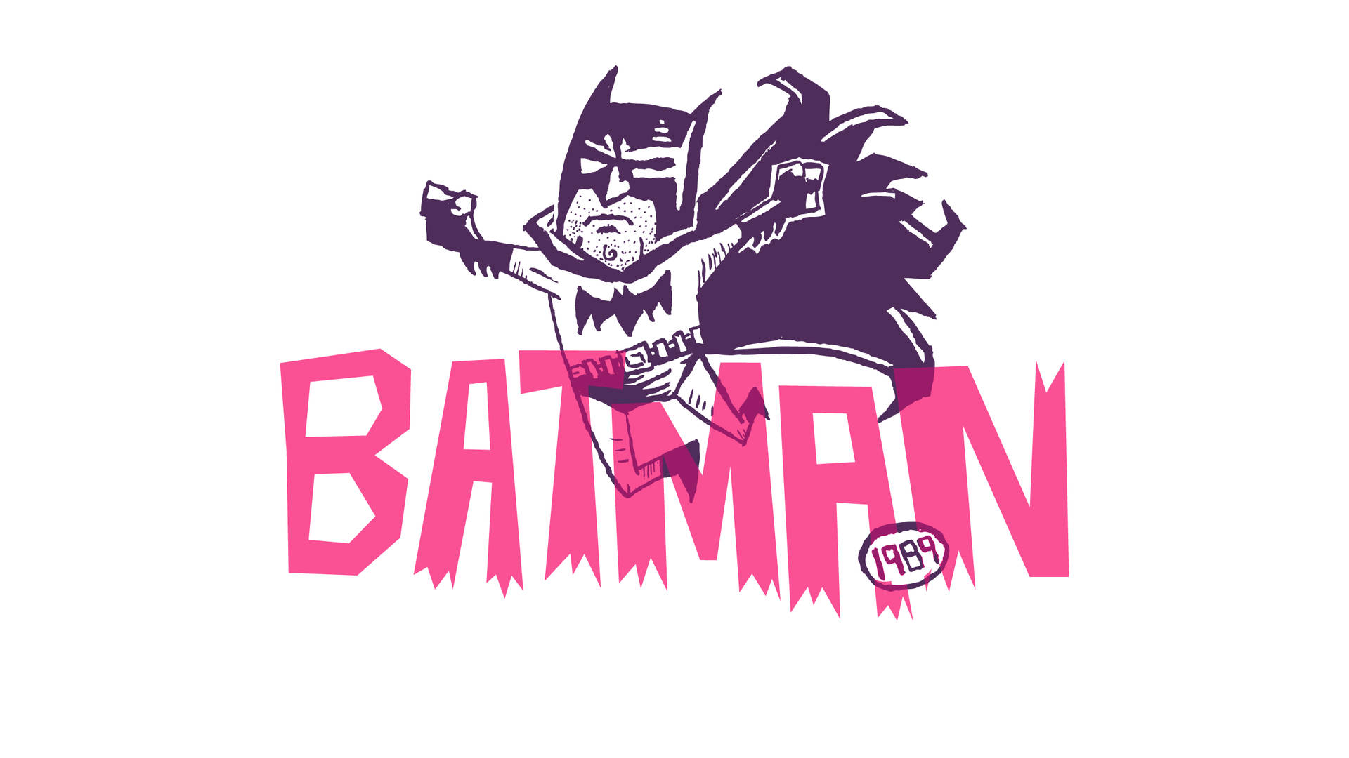 蝙蝠俠標誌，紫色角色和粉紅色文字寫著 Batman 1989