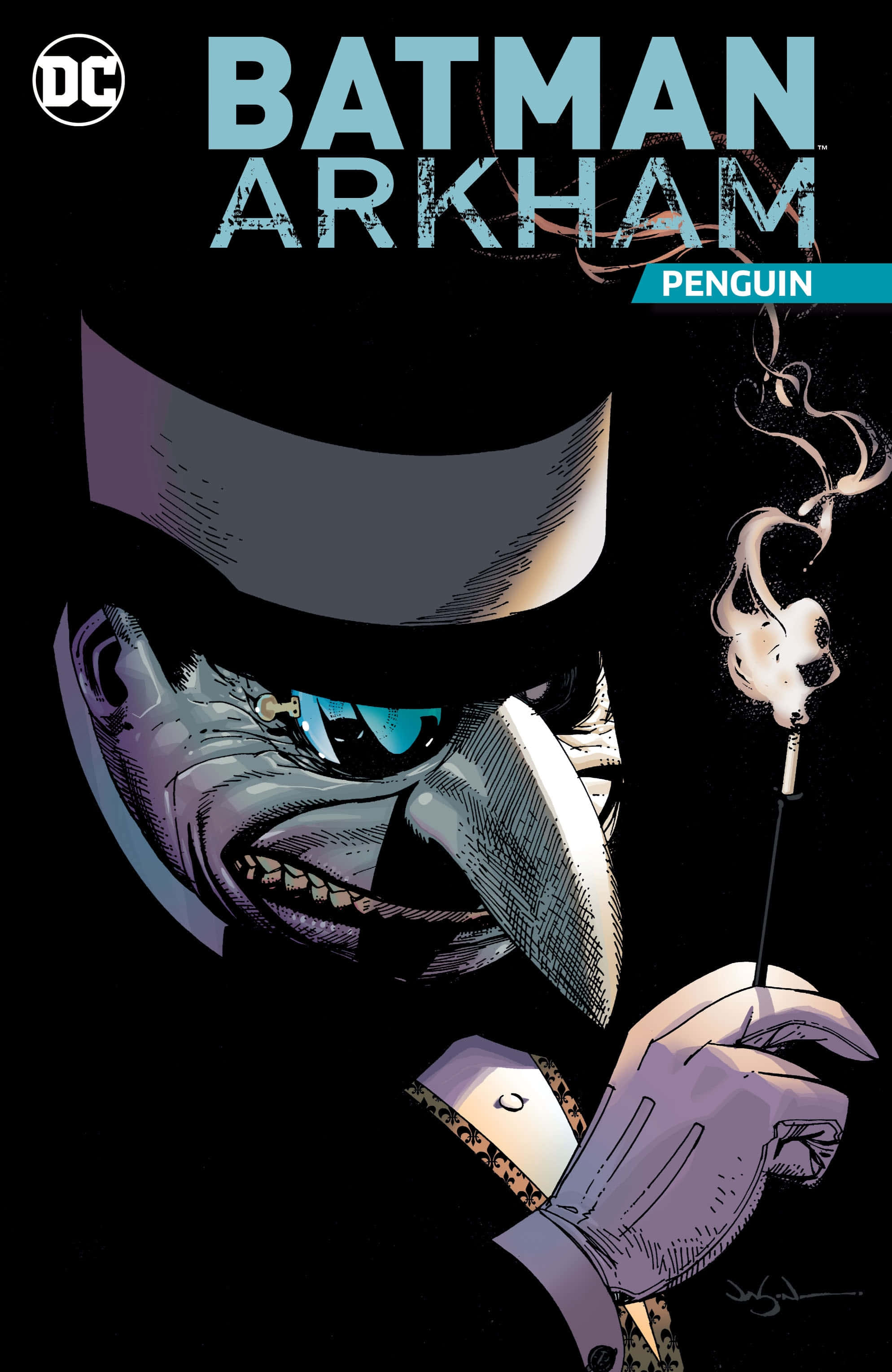 Batman Penguin 桌布 壁紙 — 蝙蝠俠阿卡姆的企鵝在黑色背景下抽煙的威脅性特寫。