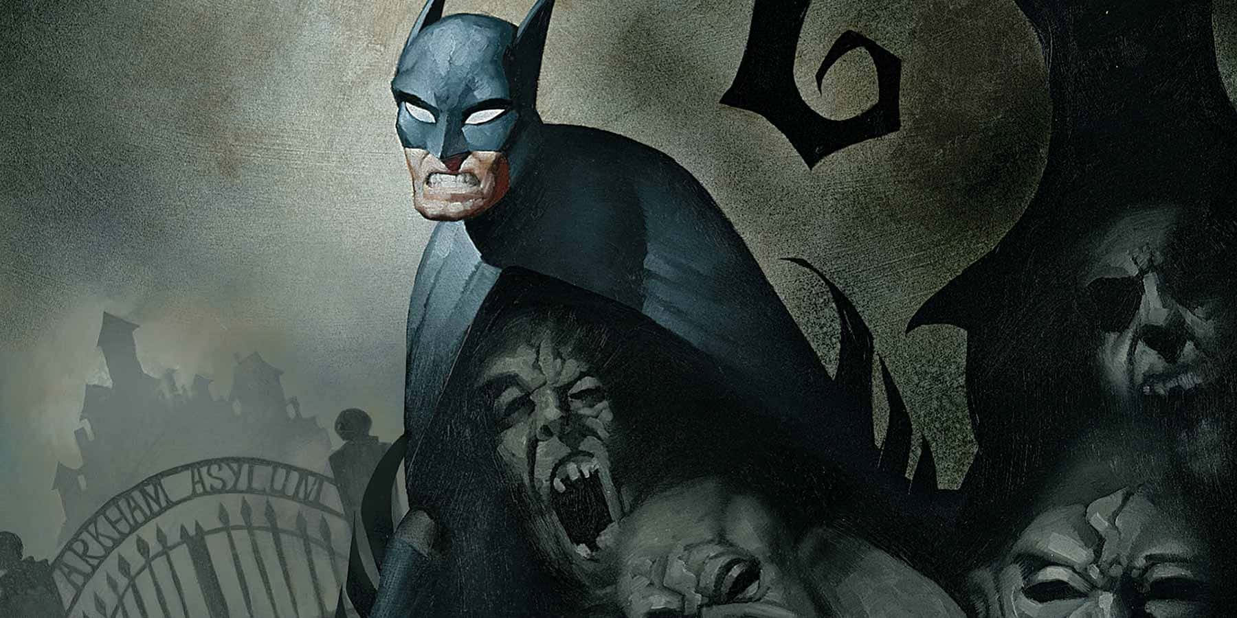 Arkham Asylum 桌布 壁紙 — 蝙蝠俠陰沉地站在阿卡漢瘋人院的背景下，陰影中浮現出威脅的面孔。