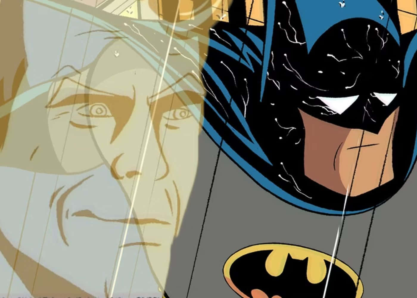 Kevin Conroy 桌布 壁紙 — 蝙蝠俠陰沉的臉與一個幽靈般男人疲憊的表情在風格化的漫畫面板中形成對比。