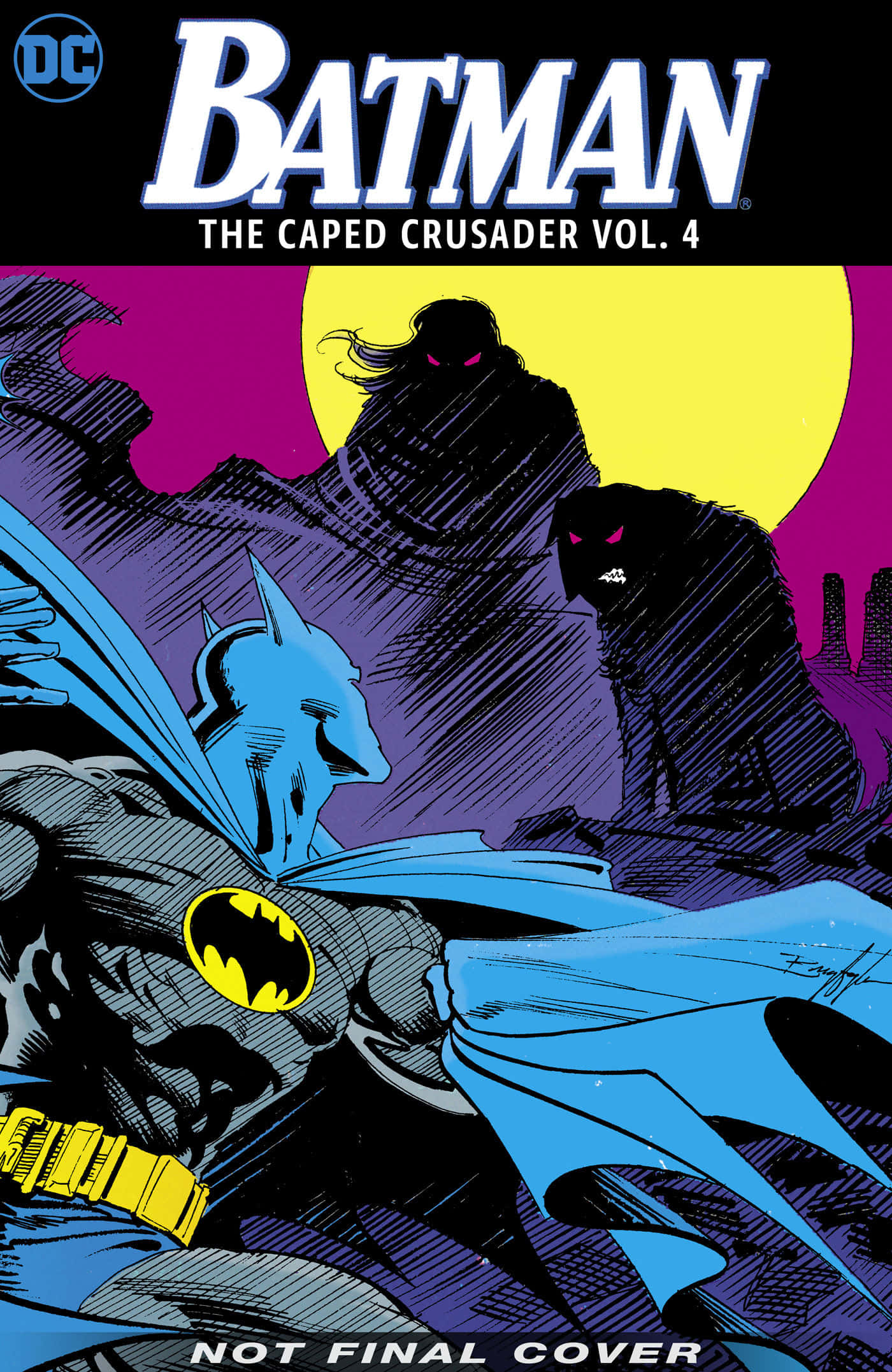 The Caped Crusader 桌布 壁紙 — 蝙蝠俠面對兩個眼睛發出紅光的陰影人物，背景是充滿活力的黃色和紫色月光。