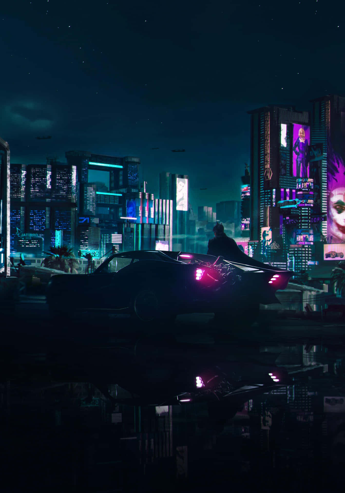夜晚，在霓虹燈照亮未來城市中，一個人站在發光汽車旁的剪影。