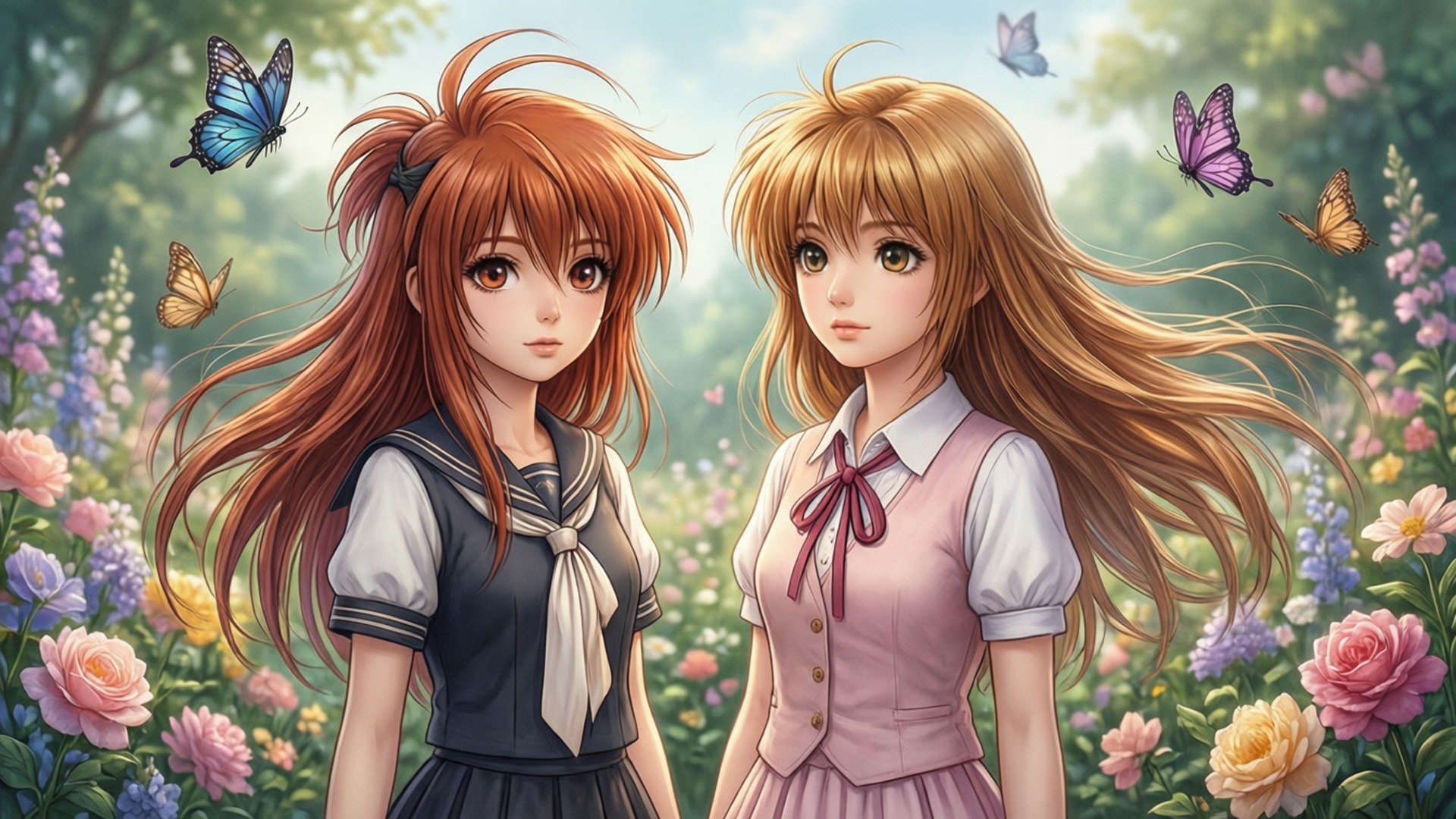 兩個穿著校服的動漫女孩站在有蝴蝶和花朵的花園中。