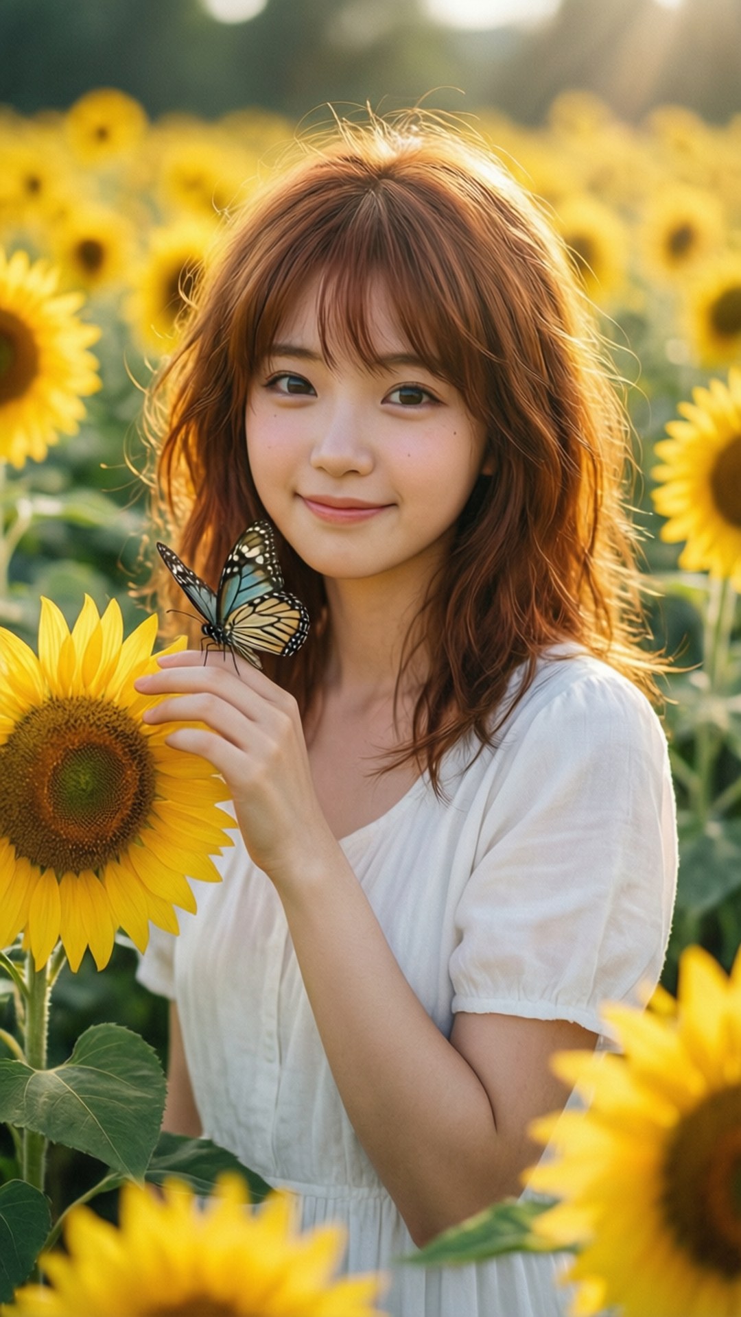 蝴蝶少女微笑 壁紙 — 一位紅髮年輕女子在金色田野中，向日葵旁，蝴蝶停在她手上，她溫柔地微笑。