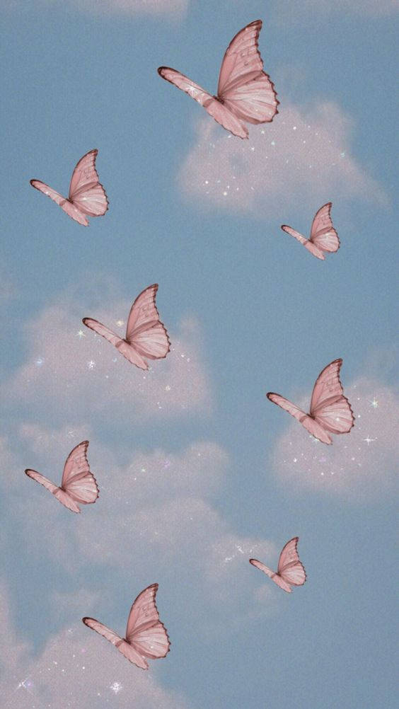 粉紅色的蝴蝶在佈滿星星和雲朵的藍天中飛翔。 — 唯美蝴蝶動圖 壁紙