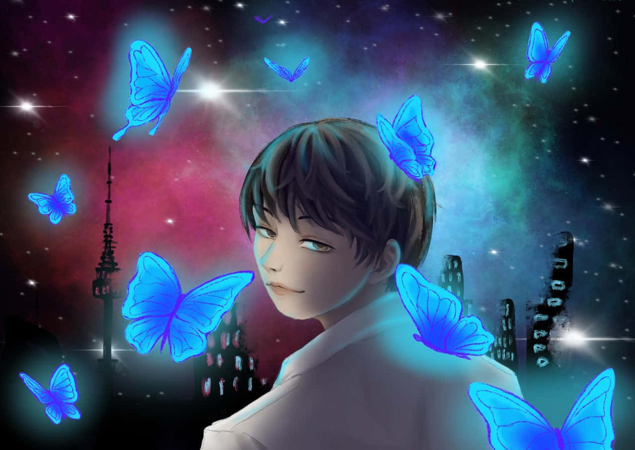 在星空城市中被發光藍色蝴蝶圍繞的動漫男孩。