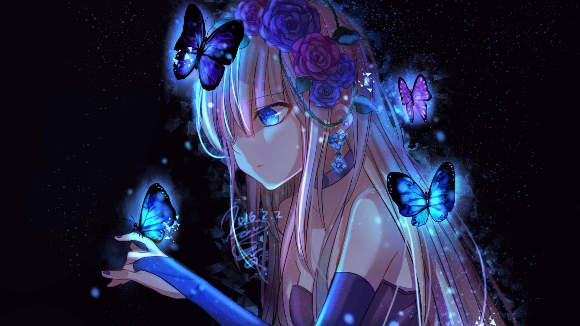 蝴蝶環繞的動漫少女 壁紙 — 一個發光的動漫女孩，藍色眼睛和花冠，輕輕地拿著一隻蝴蝶，其他蝴蝶在星空夜晚中圍繞她飛舞。