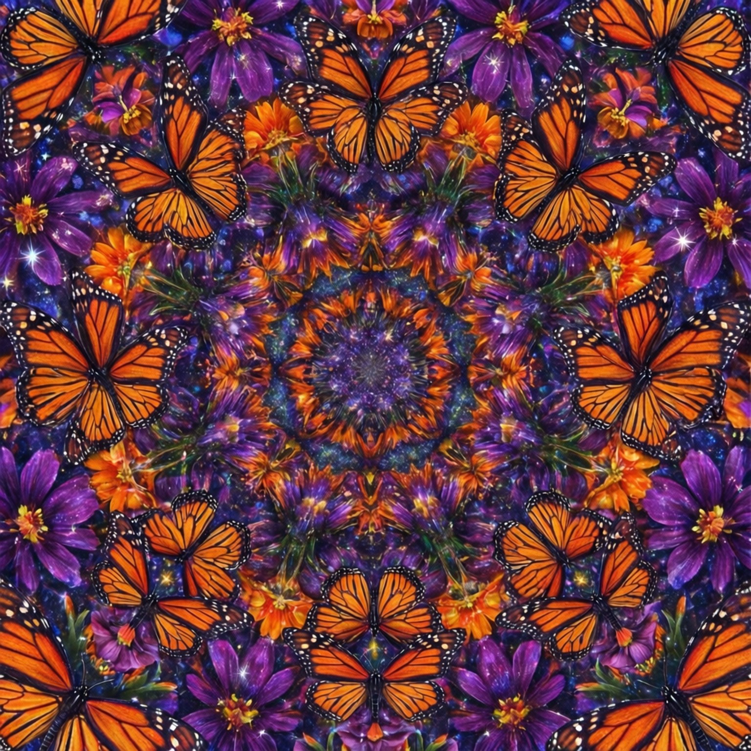 蝴蝶與花萬花筒 壁紙