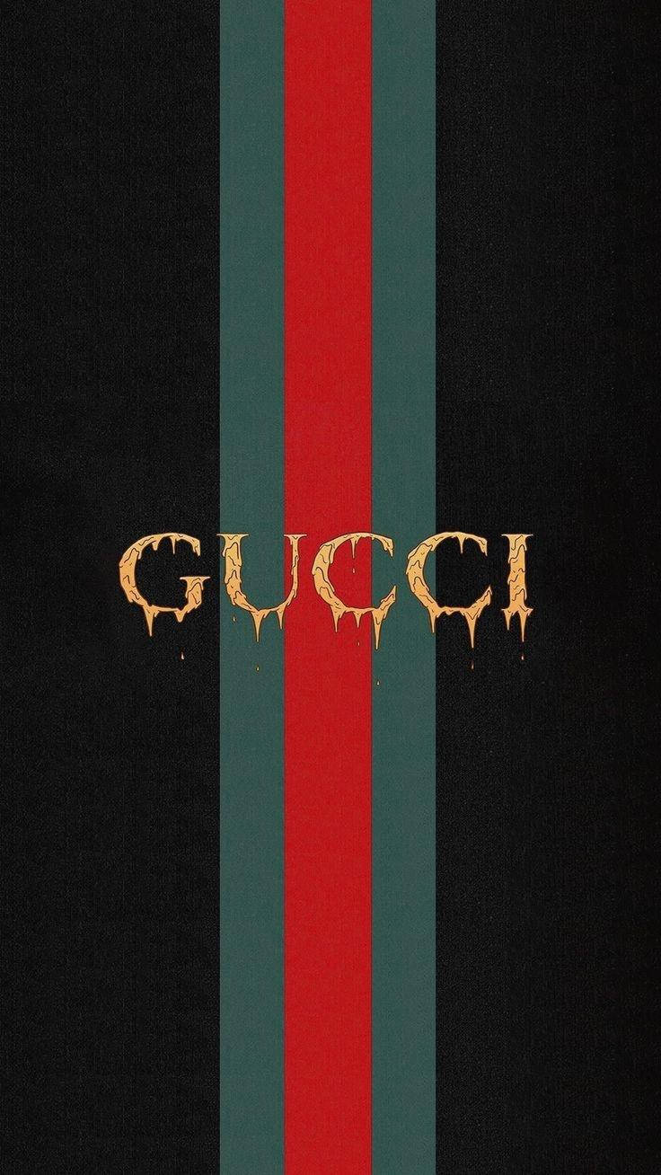 Gucci 標誌，金色字母滴落在帶有紅綠條紋的黑色背景上。