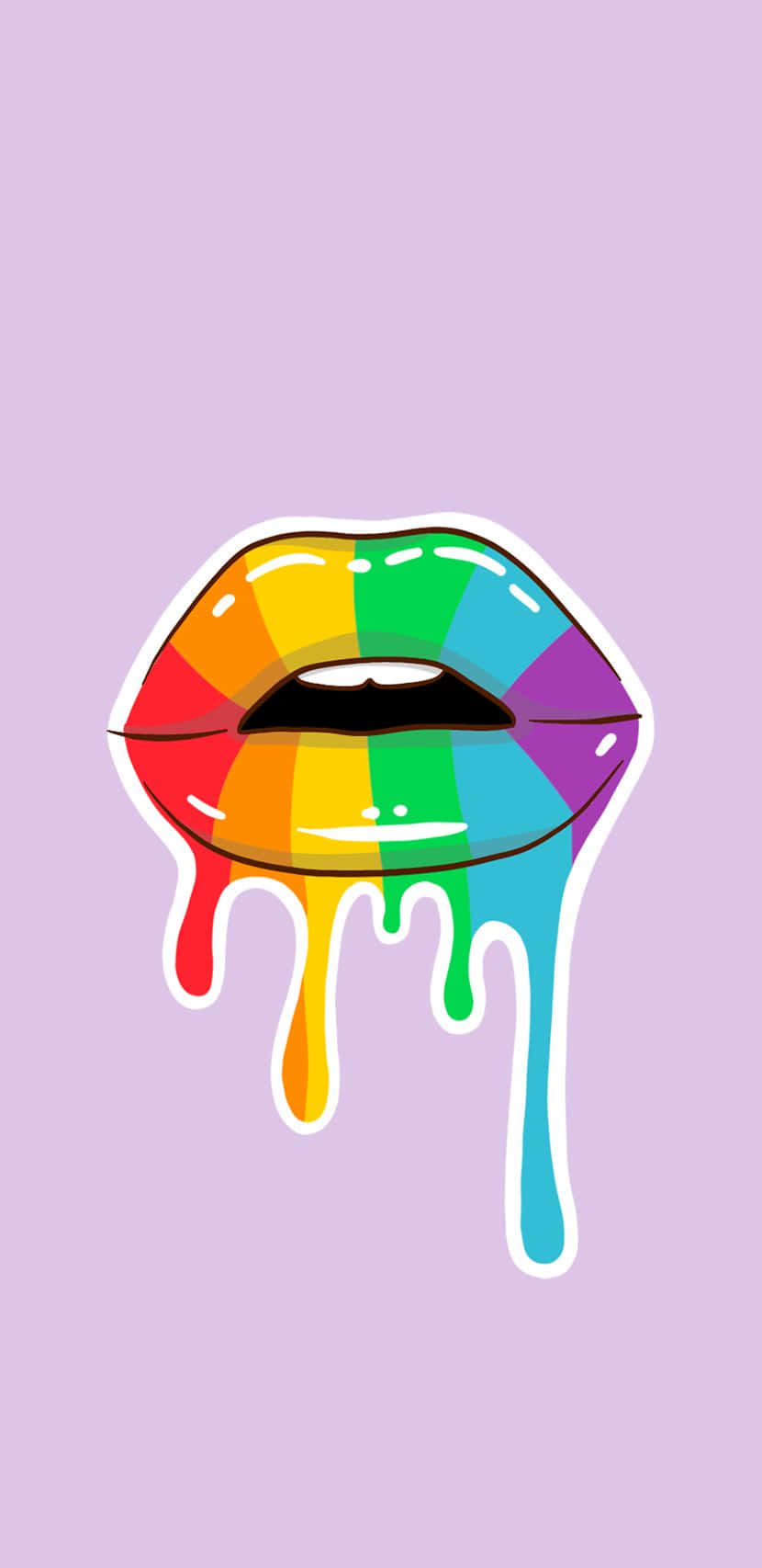 融化可愛LGBT彩虹色的光澤嘴唇數位藝術 壁紙 — 鮮豔的彩虹嘴唇，顏色滴落在柔和的薰衣草背景上。