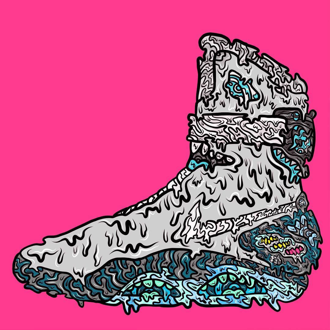 融化效果 Nike Mag 卡通運動鞋數位插畫 壁紙 — 一雙風格化的運動鞋在充滿活力的粉紅色背景下滴落著融化的塗鴉紋理。
