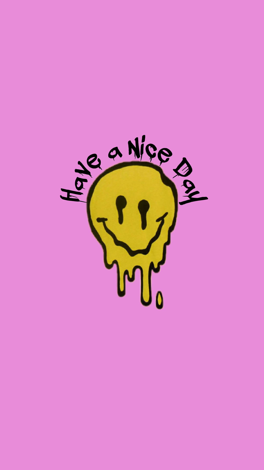 滴落的黃色笑臉，帶有「Have a Nice Day」文字，背景為粉紅色。 — 學院風微笑臉 壁紙