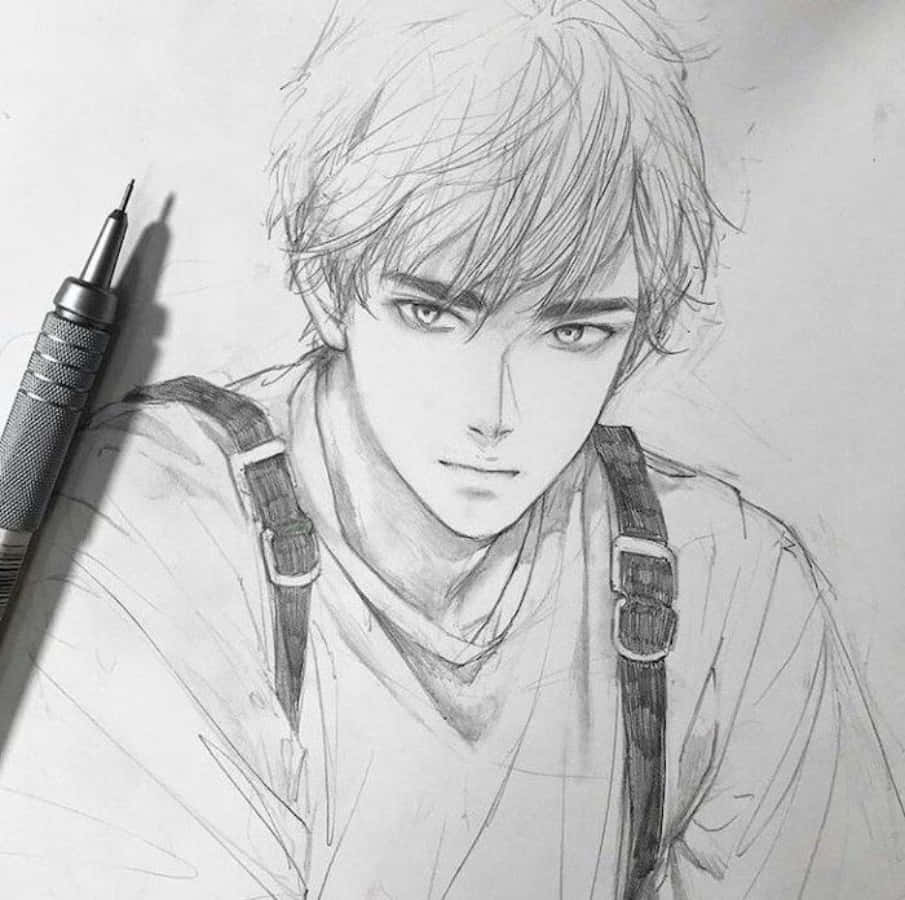 融合傳統與數位技法的獨特動漫插畫 壁紙 — 一幅詳細的鉛筆素描，描繪一位頭髮蓬亂、眼神銳利的年輕男子，穿著吊帶褲，旁邊有一支自動鉛筆。