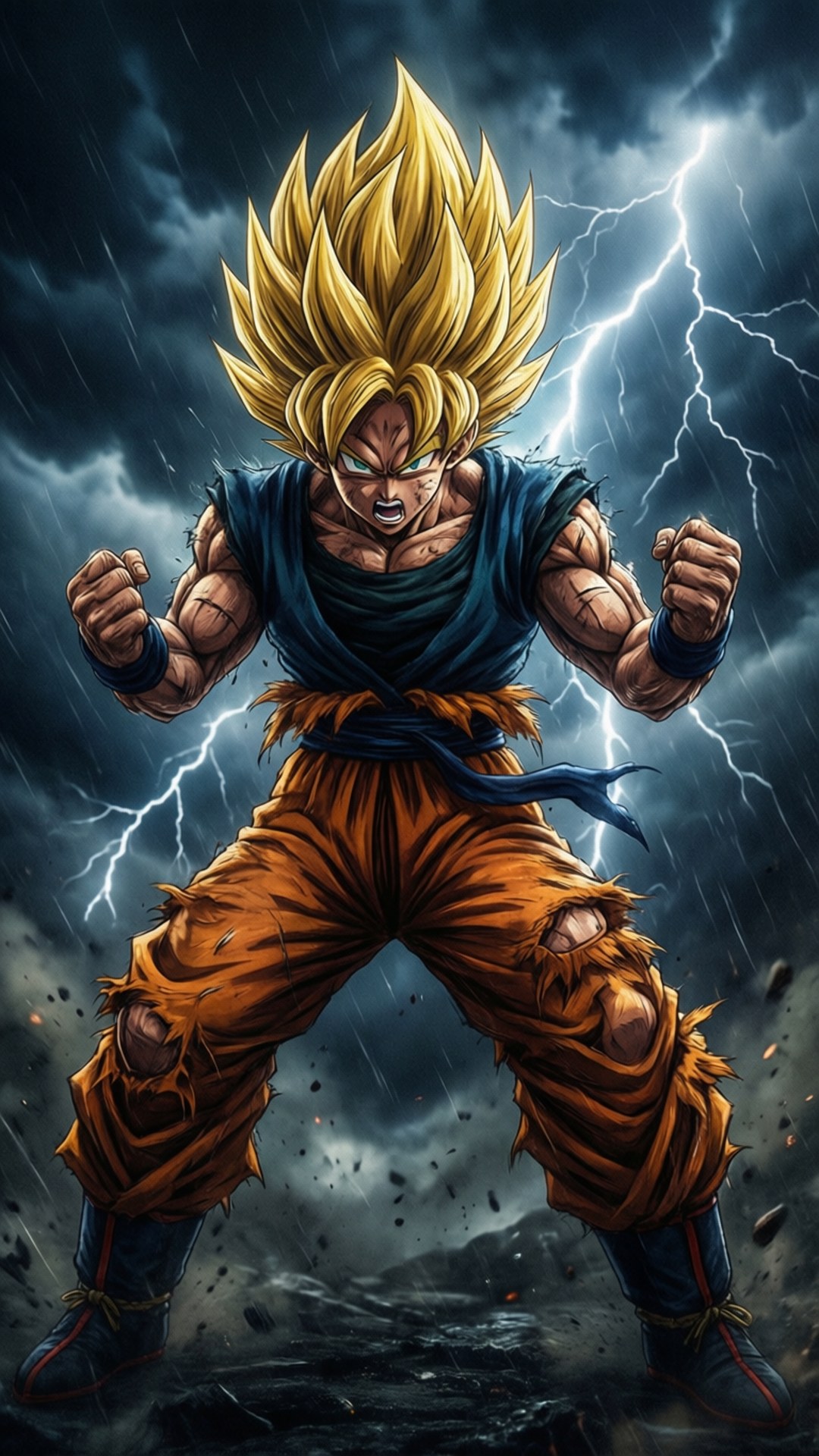 金髮、穿著破爛橙色褲子的動漫角色站在有閃電的暴風雨中。