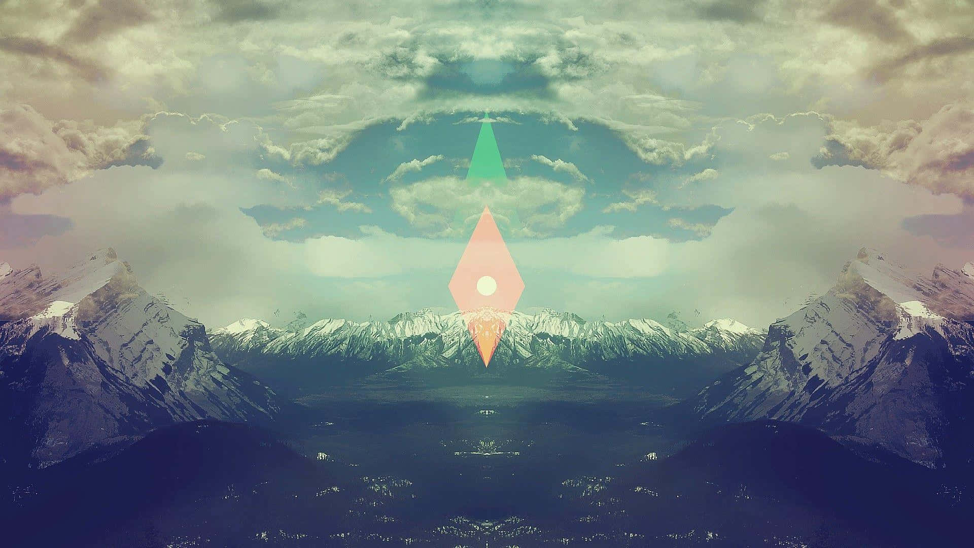 一個發光的幾何傳送門懸浮在積雪的山谷上空，天空多雲。