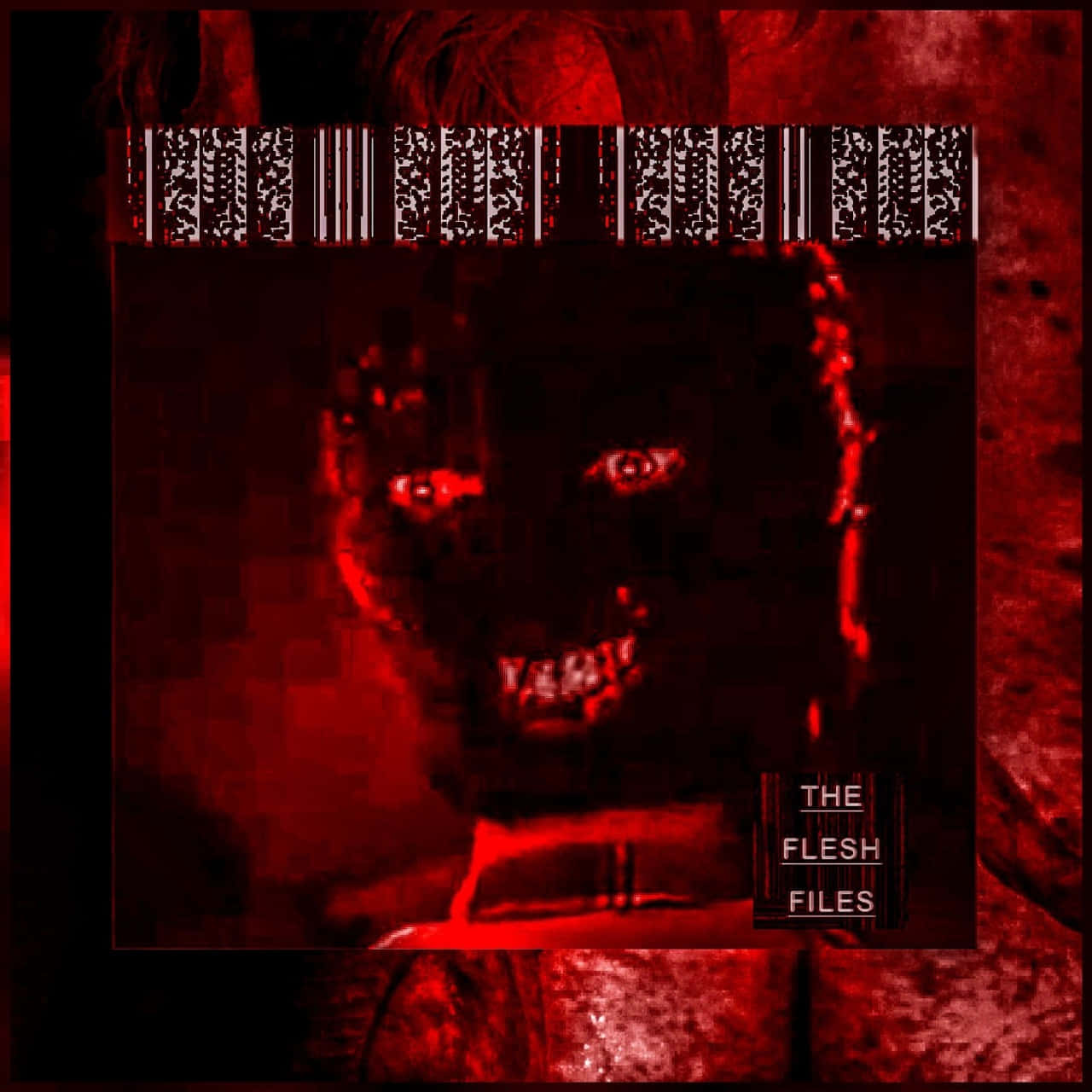 一個扭曲的面孔，在紅光下帶有發光的眼睛和牙齒，以及一個故障的條碼。